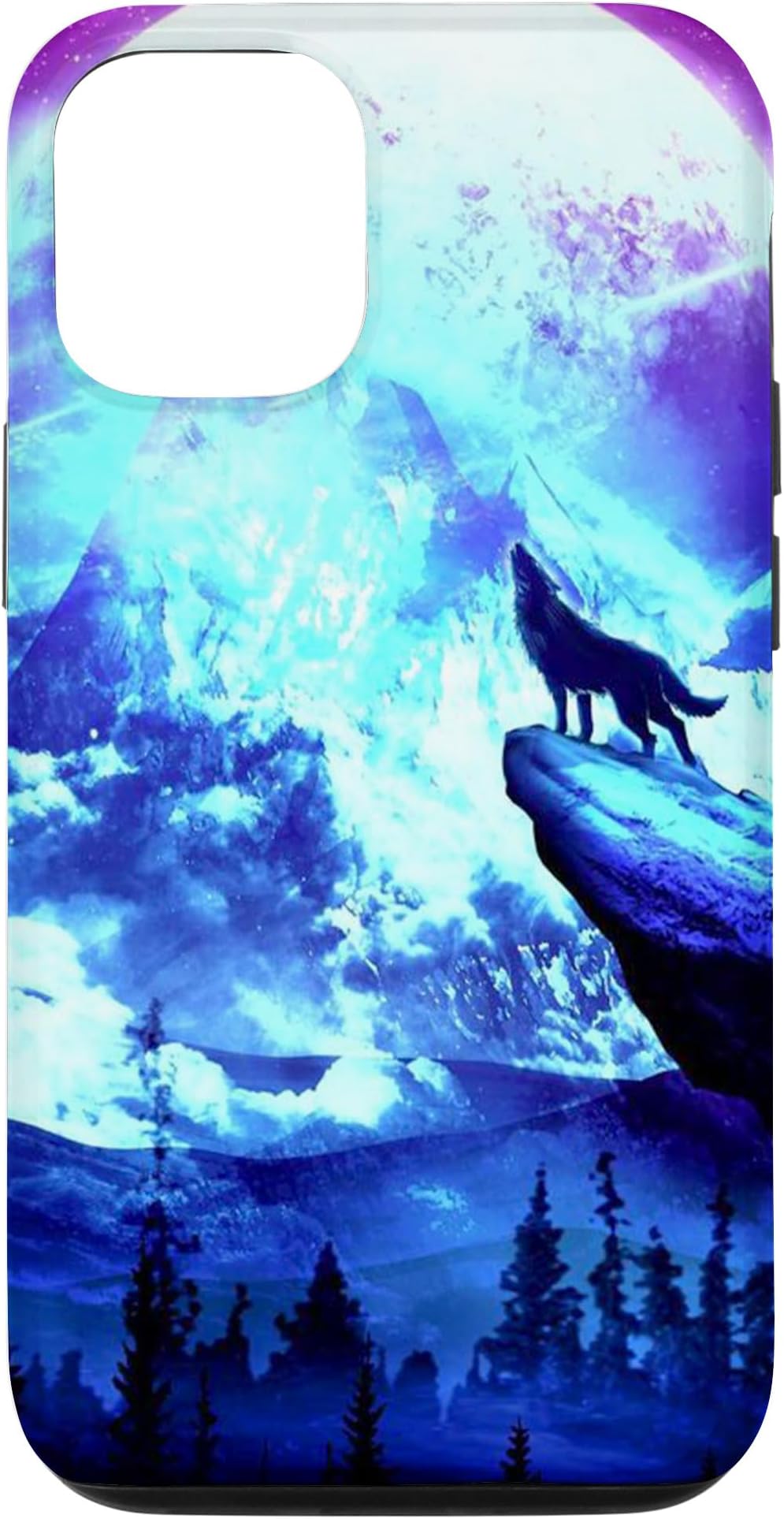iPhone 12/12 Pro Wolf Mountain Pine Forest Moon Purple Galaxy Case
