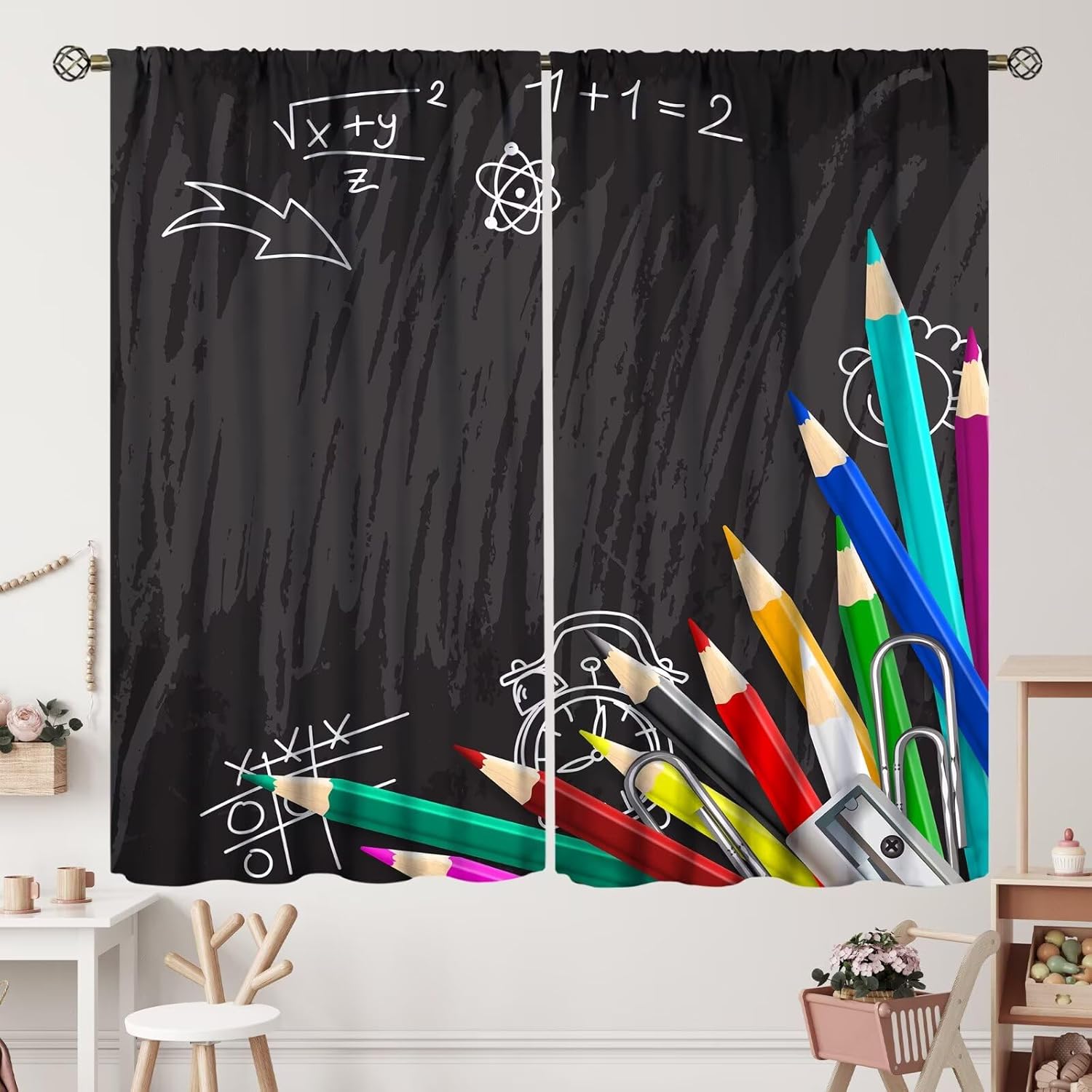 Kids Cartoon Pencil Curtains Colorful Nursery Bedroom Decor Cute Crayon Blackout Rod Pocket Curtain for Child Girls Playroom Funny Art Printed Living Room Window Drapes 2 Panel Set 42x63in