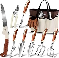 MelonArt 10-Pc Heavy Duty Aluminum Garden Tool Set with Ergonomic Handles, Tote Bag & Gloves - Rust-Resistant Gardening Kit for Women & Men