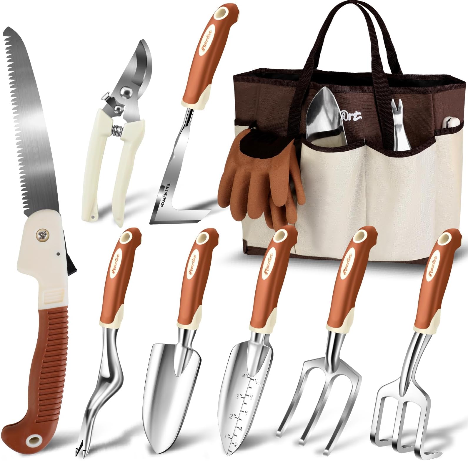 MelonArt Garden Tool Set,10 Pcs Heavy Duty Gardening Hand Tool Kit for Women Aluminum with Non Slip Ergonomic Handle, Storage Tote Bag and Gardening Gloves, Ideal Gifts for Women and Men