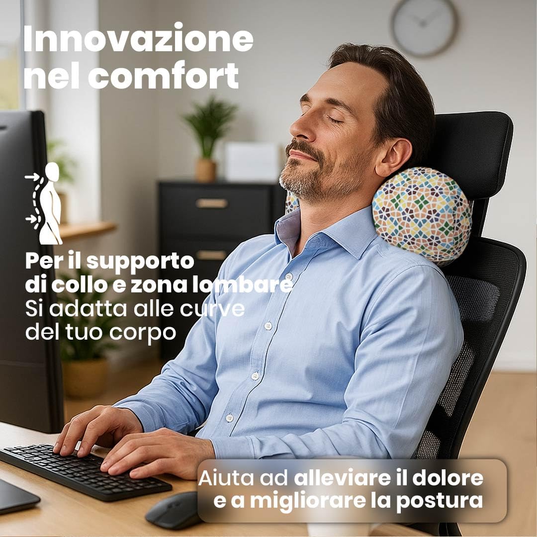 Cuscino Rotondo Anti-Stress Relax | Sollievo per Collo e Lombare | Riempimento con Microperle Confortevoli | Tessuto in Lycra Morbida al Tatto | Lavabile in Lavatrice | 35x15 cm(Mosaico)