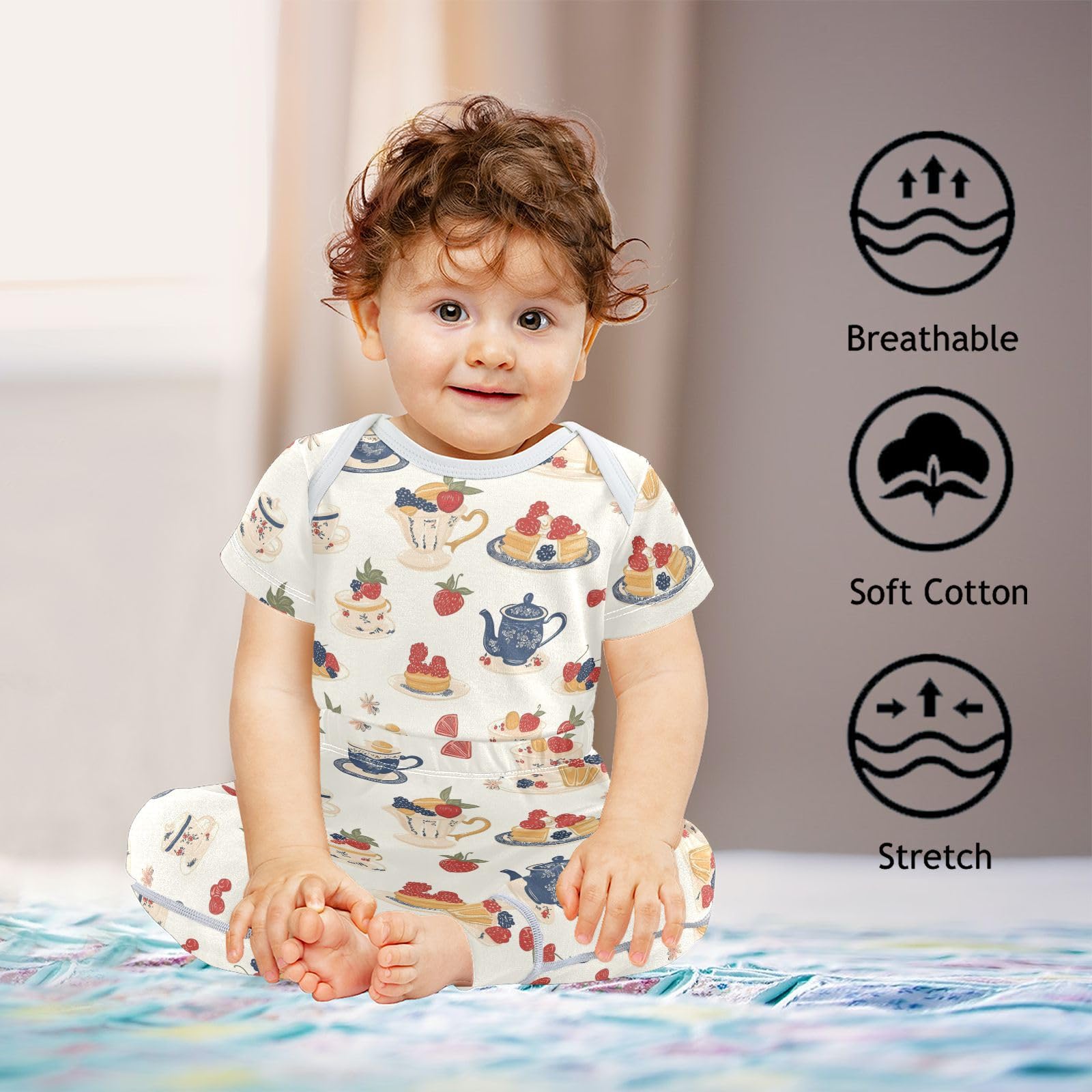 vvfelixl Baby Clothes Classic Afternoon Tea Baby Bodysuits Set Unisex Short Sleeve Babys Pants Sets 0-3M