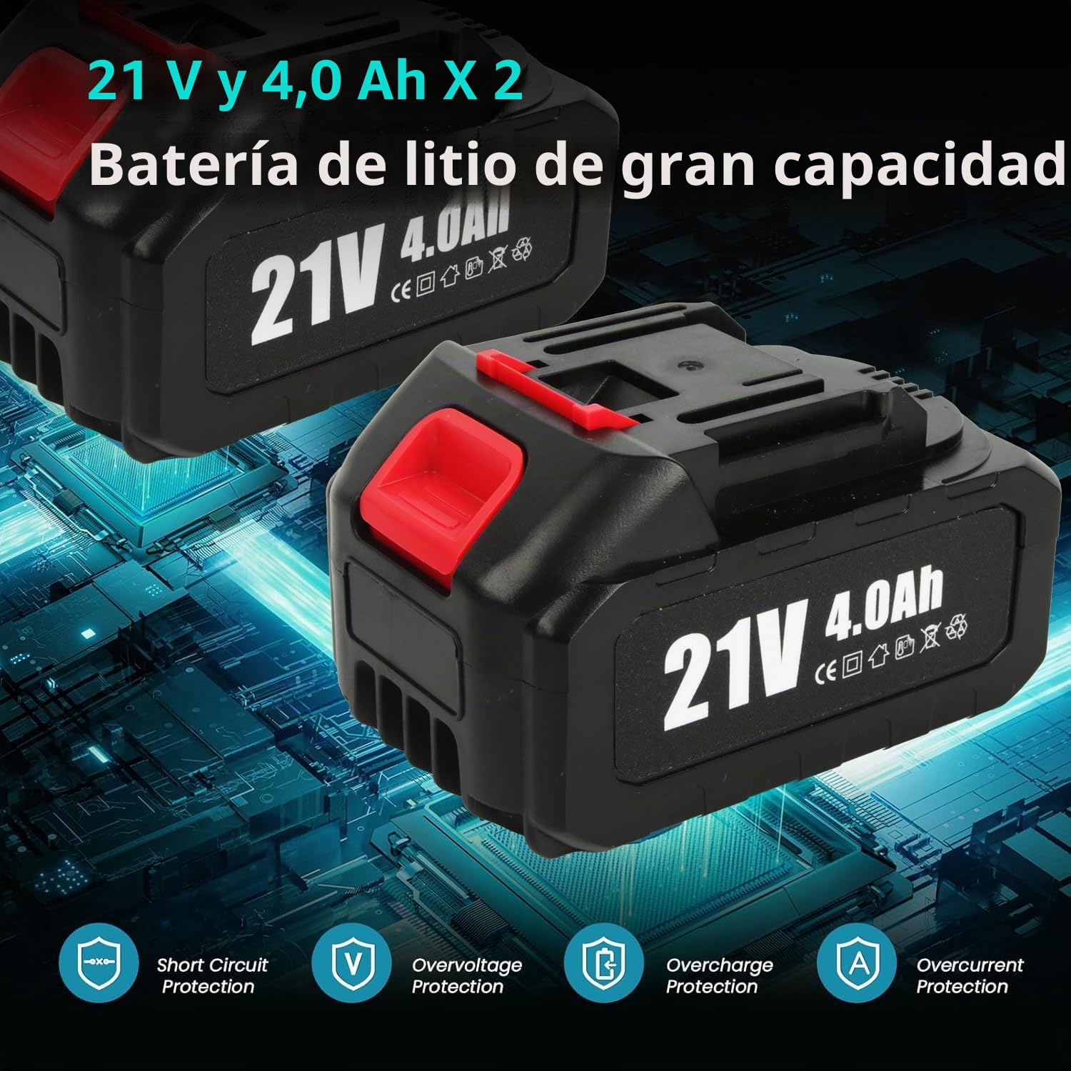 Motosierra Eléctrica con Batería de 21V, 1800 W, Sin Escobillas, con Cadena de 16 Pulgadas, con Espada de 40CM, Motosierra Bateria con 2 Baterías de 4000 mAh para Cortar Madera