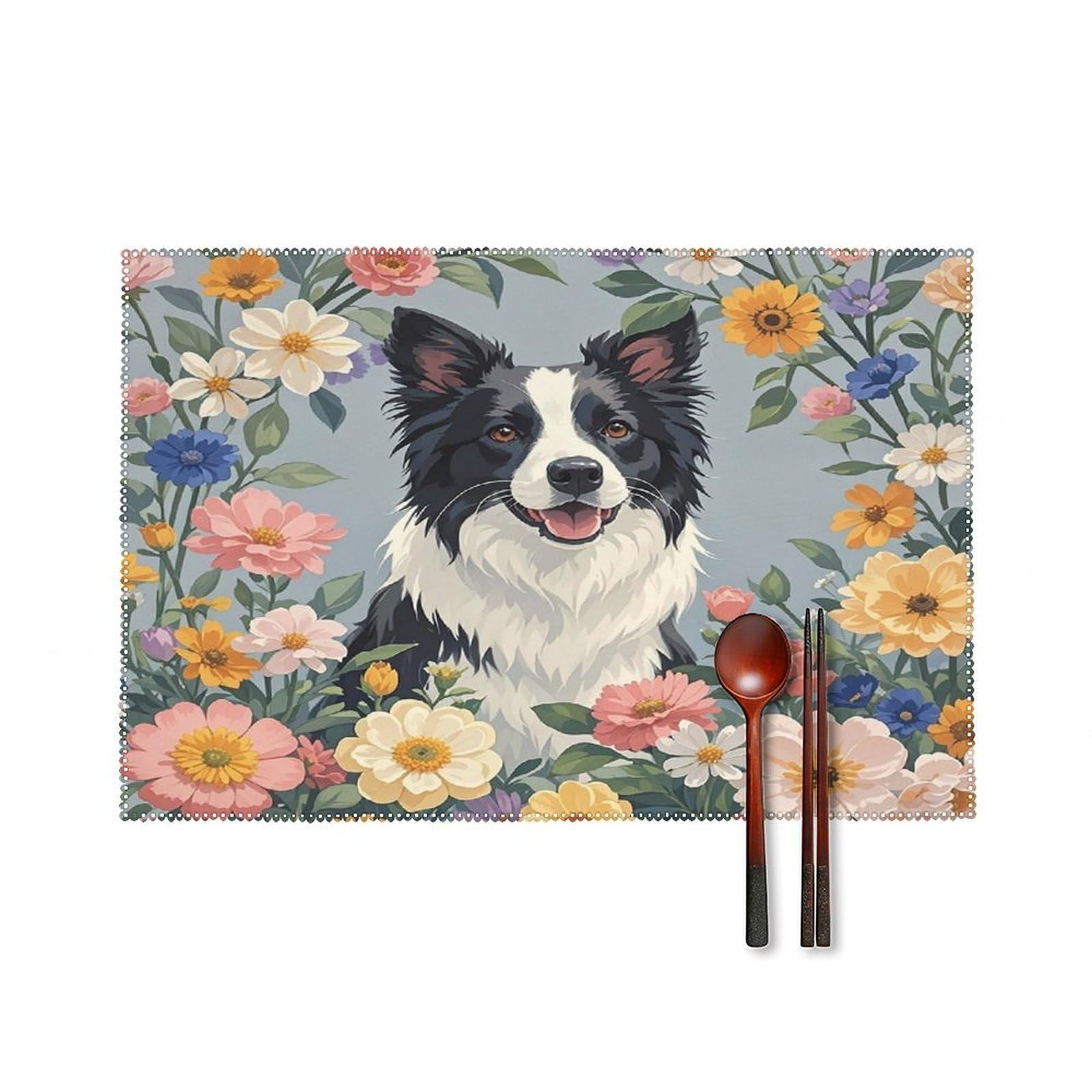 Border Collie Florals Placemats Set of 4 Non-Slip Heat Resistant Table Mats Canvas Washable Cloth Place Mats Easy to Clean Premium Placemat for Kitchen Dining Table Decoration