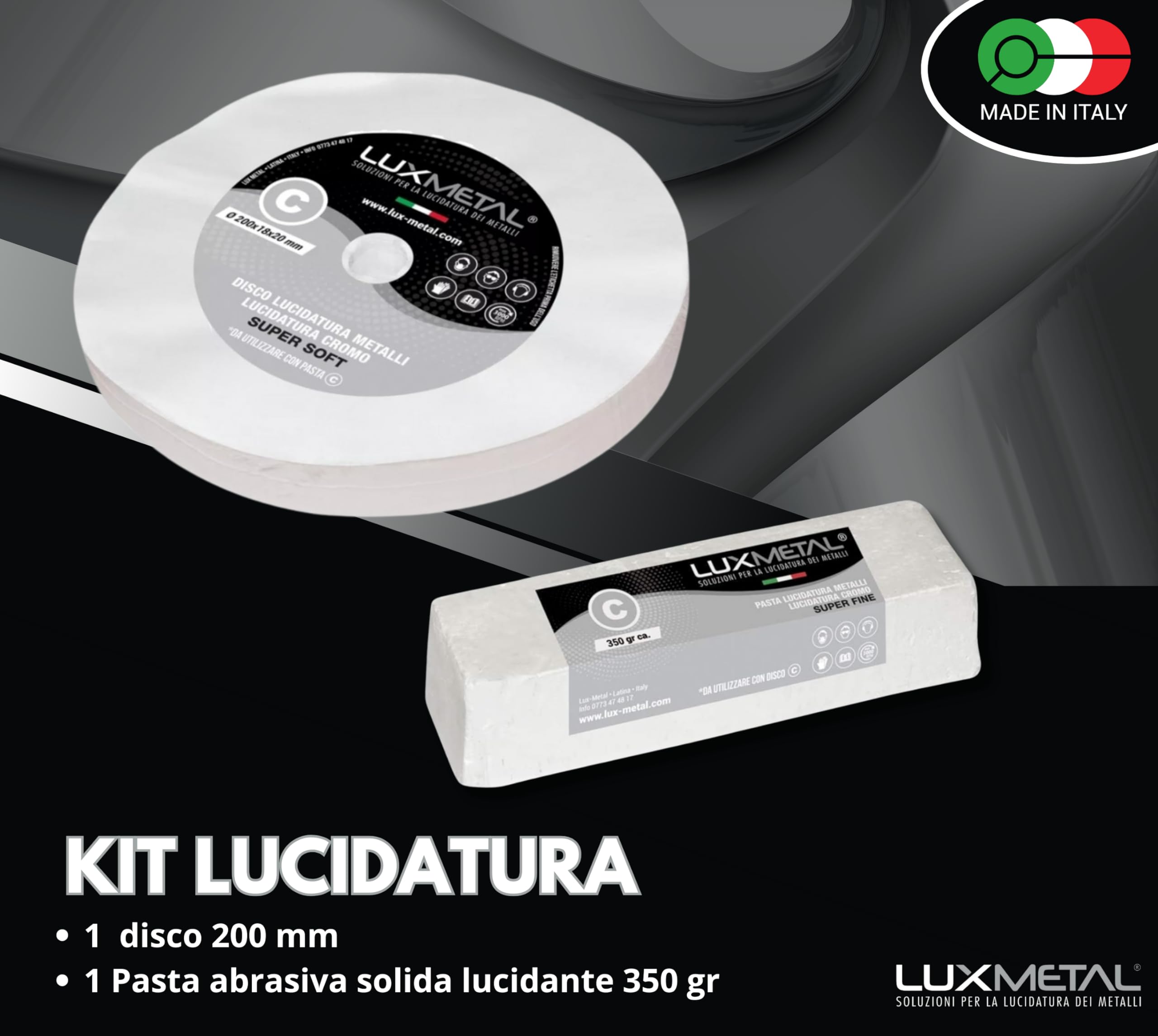 Lux Metal Kit 1 Pasta Abrasiva Lucidante 350 gr e 1 Disco Lucidatura in cotone 200 mm (S-Fine) Per Lucidare Metalli Acciaio Inox Alluminio Ferro Lucida Cromature Plexiglass Marmo Ottone Rame Plastica