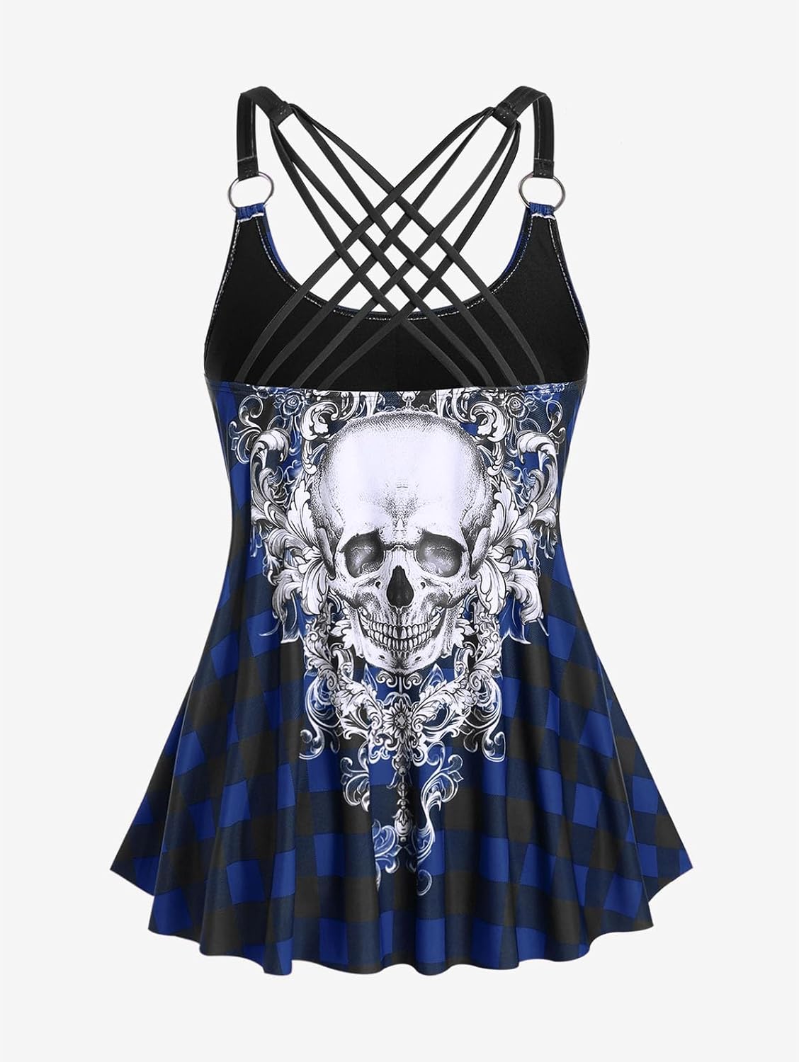Rosegal Womens Plus Size Gothic Skull Plaid Padded Boyleg Strappy Modest Tankini Swimsuit Set