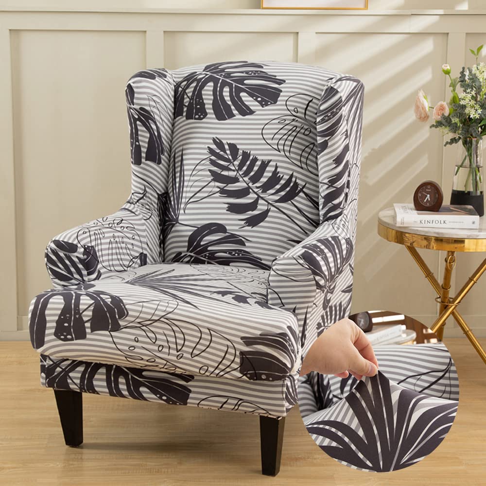 Highdi Wingback Chair Covers 2-Piece Stretch Wing Chair Cover, Washable Armchair Sofa Cover Slipcover Spandex Fabric Furniture Protector for Living Room Bedroom Hotel (Gray Monstera)