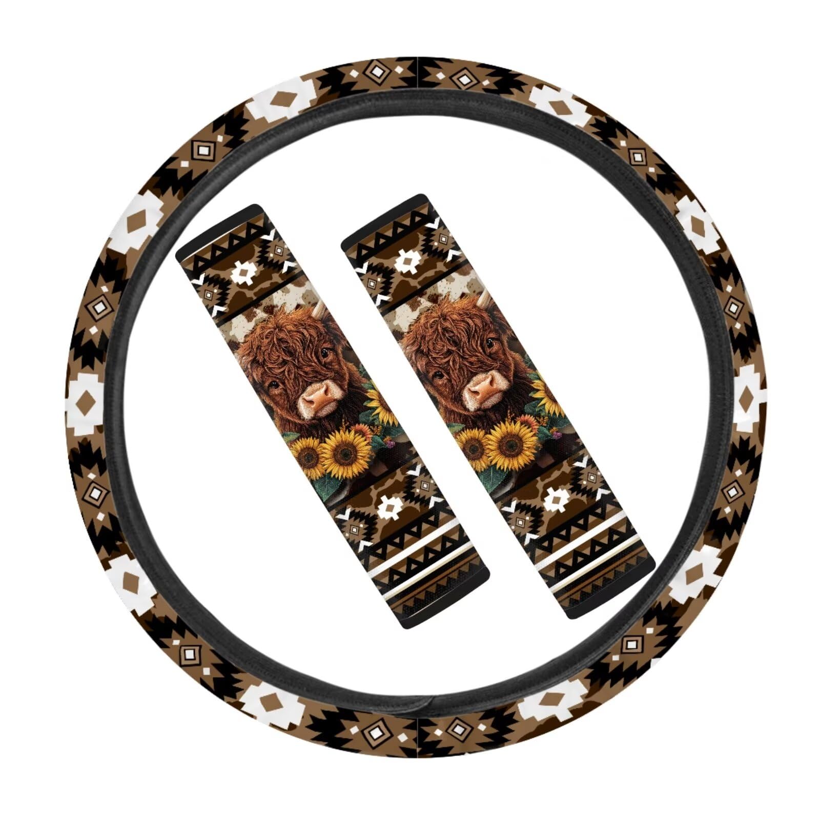JOAIFO Highland Cow Steering Wheel Cover Set with Car Seat Belt Cover, Sunflower Print Boho Car Accessories Set of 3 Pack, Universal for Most Cars,Truck, SUV, Van, Sedan