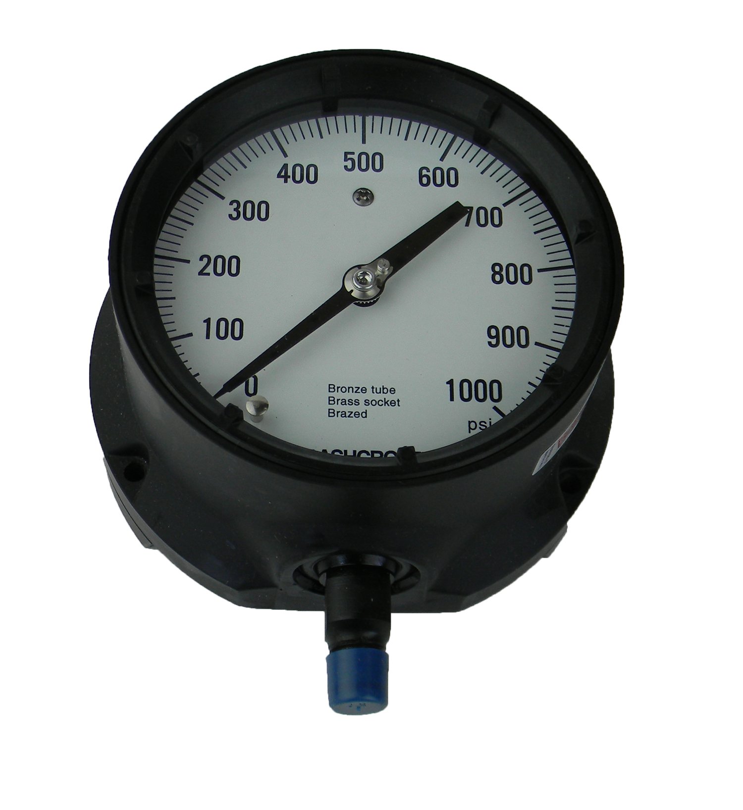 Ashcroft Duragauge Type 1379 Solid Front Aluminum Case Pressure Gauge, Phosphor Bronze Bourdon Tube, Brass Tip, Silver Brazed, Brass Socket, 4-1/2" Dial Size, 1/4" NPT Lower Connection, 0/1000 psi Pressure Range