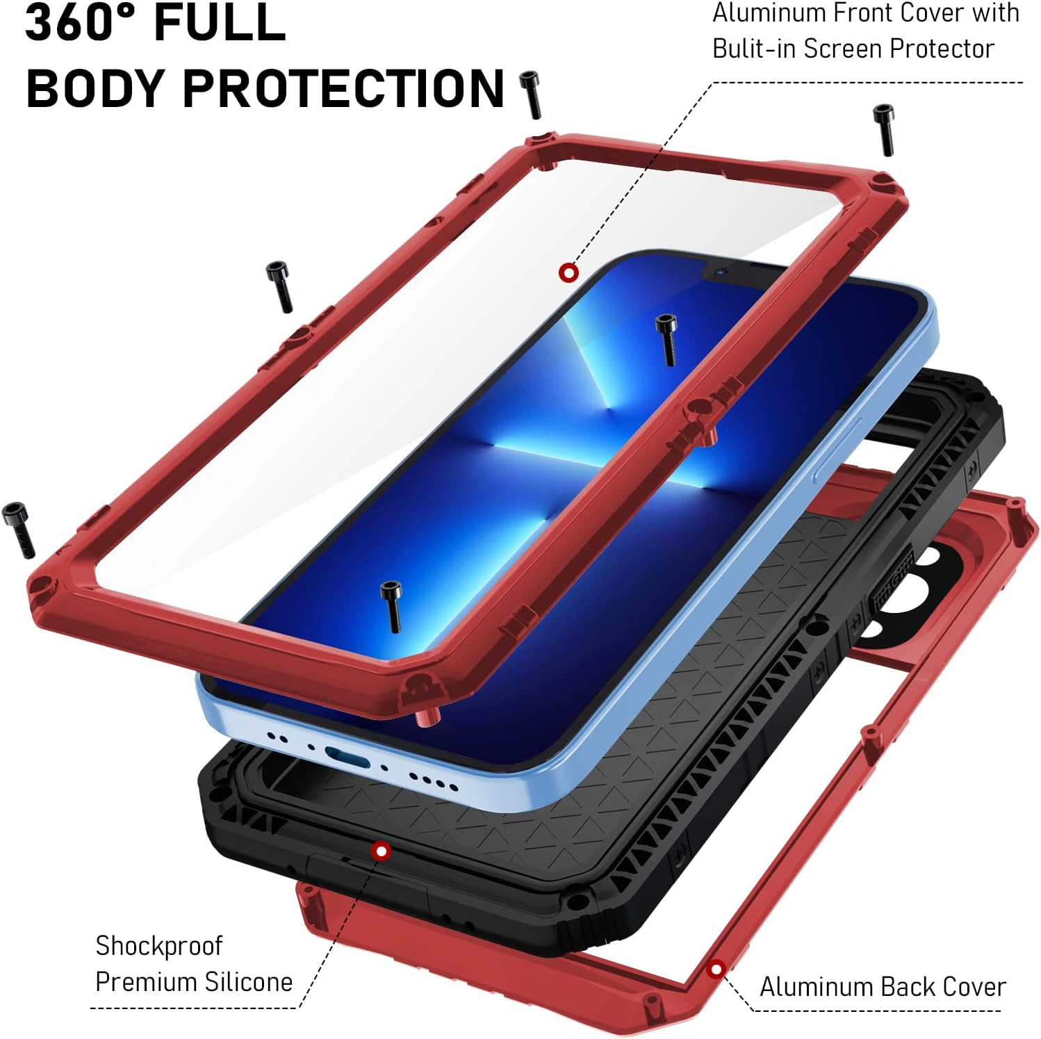Beasyjoy for iPhone 13 Pro Max Case, Metal Waterproof Phone Case with Built-in Screen Protector, Full Body Protective Military Grade Shockproof Heavy Duty Rugged Defender Cover 6.7 Inch, Red