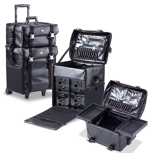 Miniatura 7 de Maquillador profesional 2 en 1 Rolling Maquillaje Tren Estuche Organizador Cosmético Carro Suave con Cajones de Almacenamiento y Hebillas de Metal,