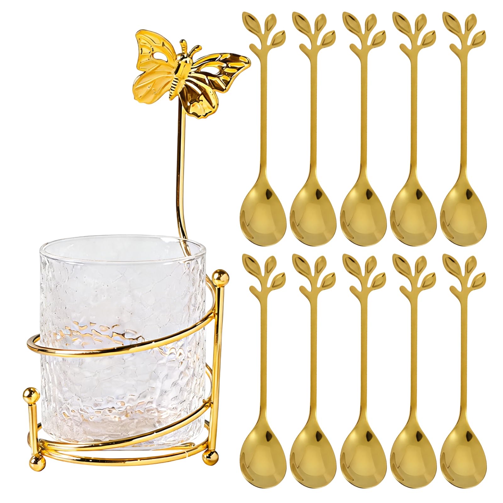 Photo 1 of 10PCS Coffee Dessert Spoons Set with Glass Holder,Small Stainless Steel Gold Leaf Tea Spoon, Mini Dessert Spoons Set for Fruit,Stirring, Mixing, Sugar, Ice Cream, Cake (6 x Spoons)