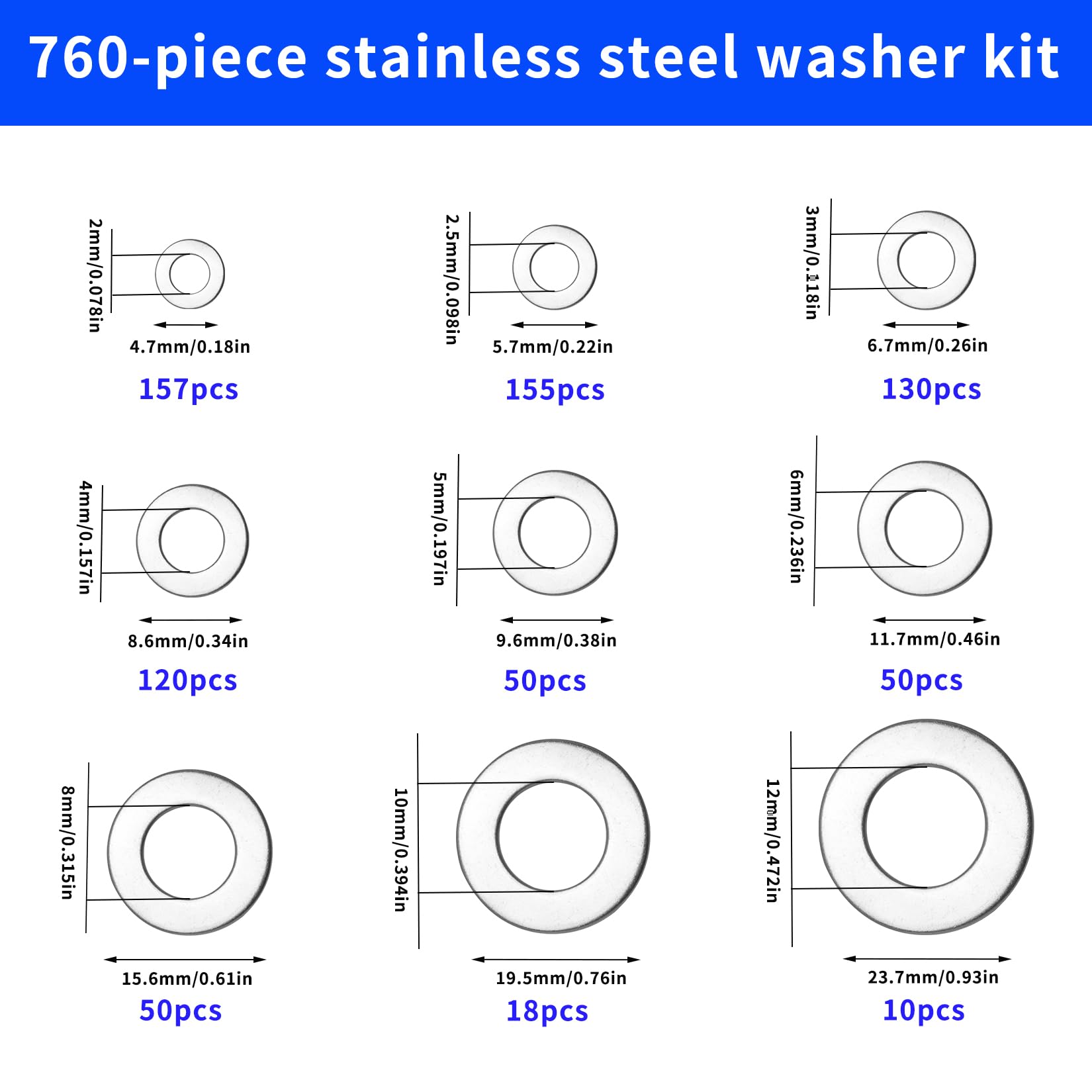 760 Pz Kit di Rondella Inox, Kit Rondelle Piatte Set, Rondelle Acciaio Inox per Viti, Rondella Metalliche Assortimento, rRondelle Piatte in Acciaio Inossidabile, M2 M2.5 M3 M4 M5 M6 M8 M10 M12