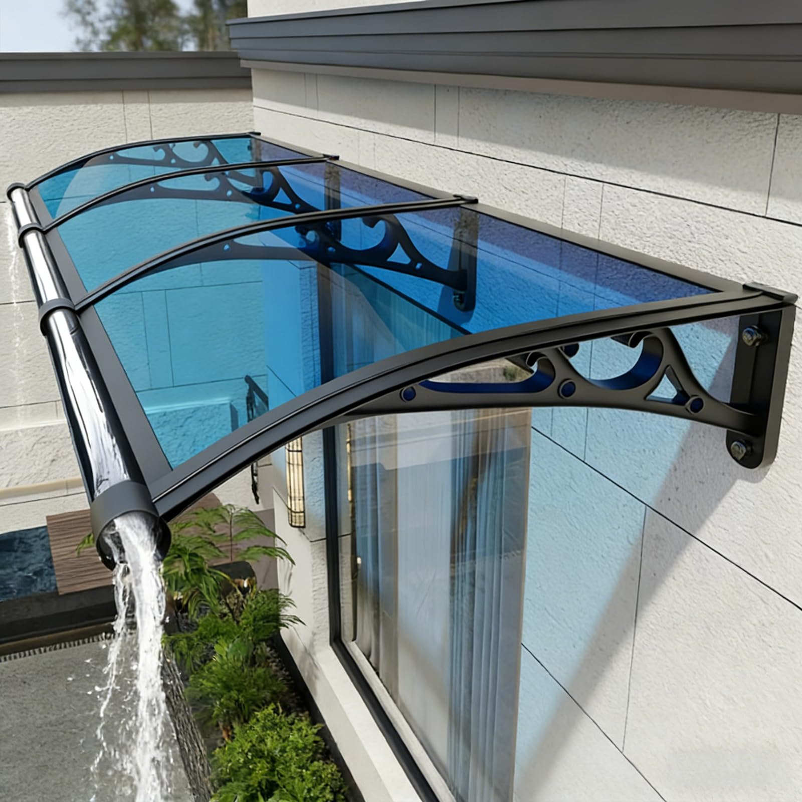 Auvent de porte polycarbonate bleu marquise extérieur grande taille