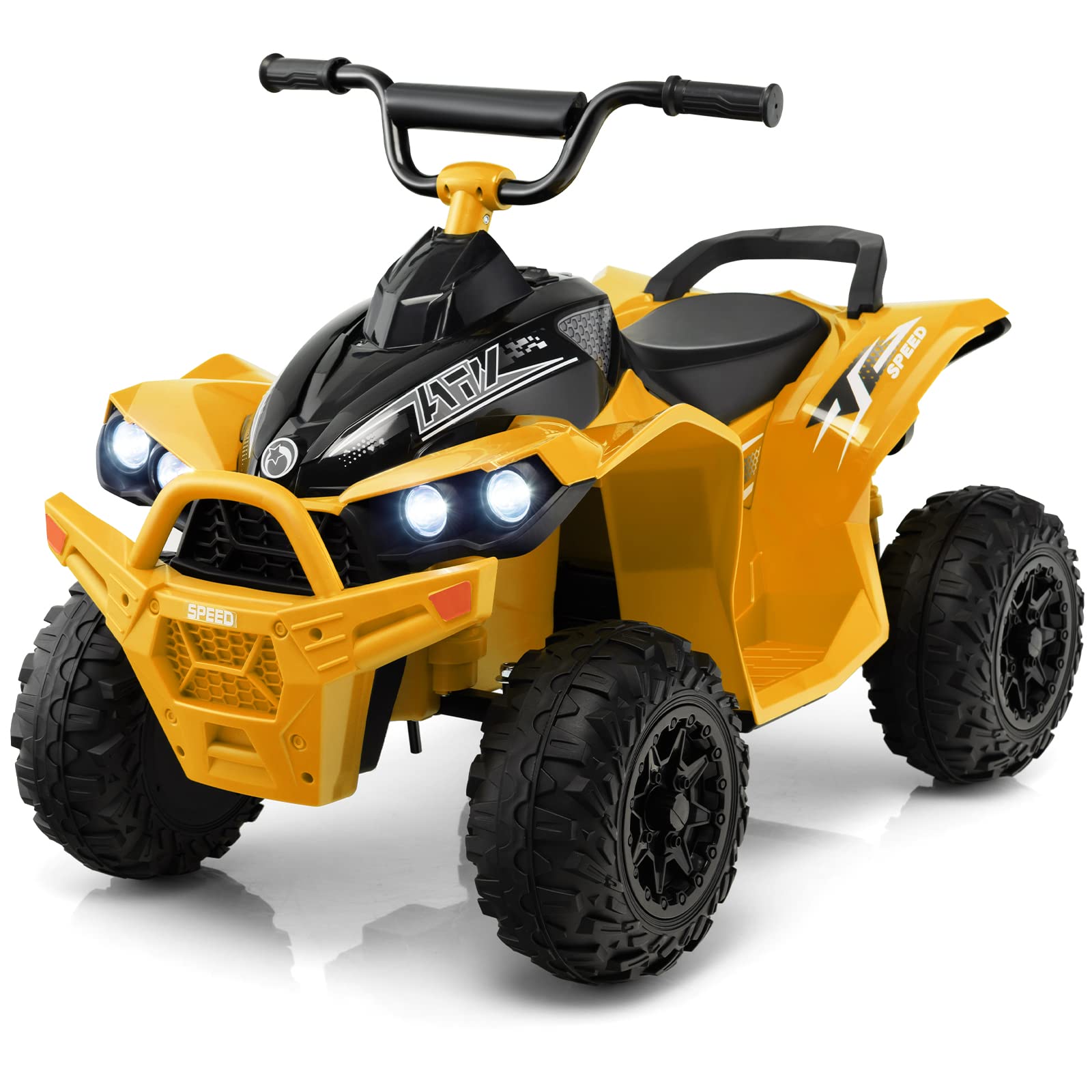 COSTWAY 12V Elektro Kinderquad, Elektroquad mit 2,2/4,3 KM/H Geschwindigkeit, Kindermotorrad mit Hupe, Musik & LED-Leuchten, Elektro Quad für Kinder von 3 bis 8 Jahren (Gelb)