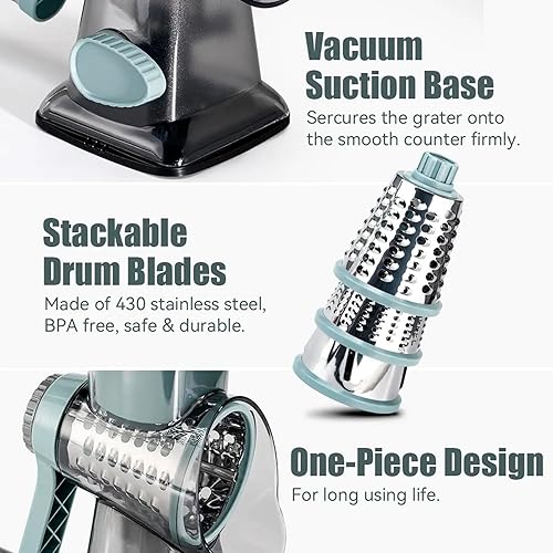 Miniatura 6 de Rallador giratorio de queso y verduras 3 en 1 mejorado con 3 cuchillas intercambiables, fácil de limpiar, apto para lavavajillas y duradero.