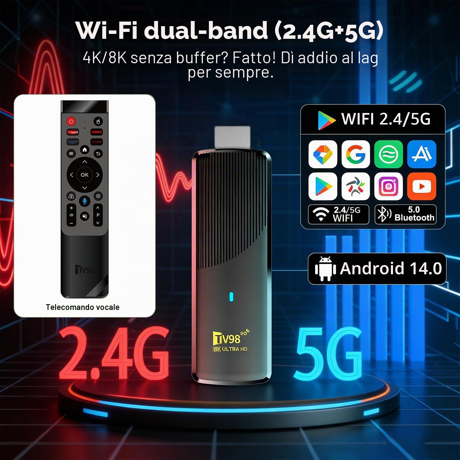 Streaming Android 14.0 TV Stick Supporta 2.4G/5G Wi-Fi Bluetooth, telecomando vocale, HDMI, 5.0 Android TV Stick 8K Ultra UHD 16 GB RAM 256 GB ROM, lettore multimediale portatile in streaming
