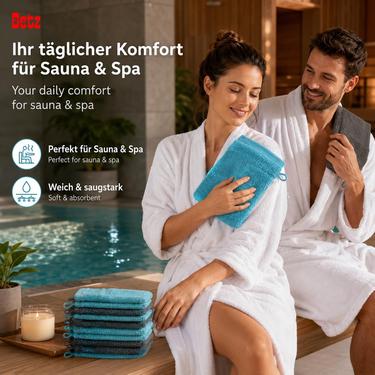 Betz Paquete de 10 Manoplas de baño Premium 100% algodón 16x21cm de Color Gris Antracita y Turquesa