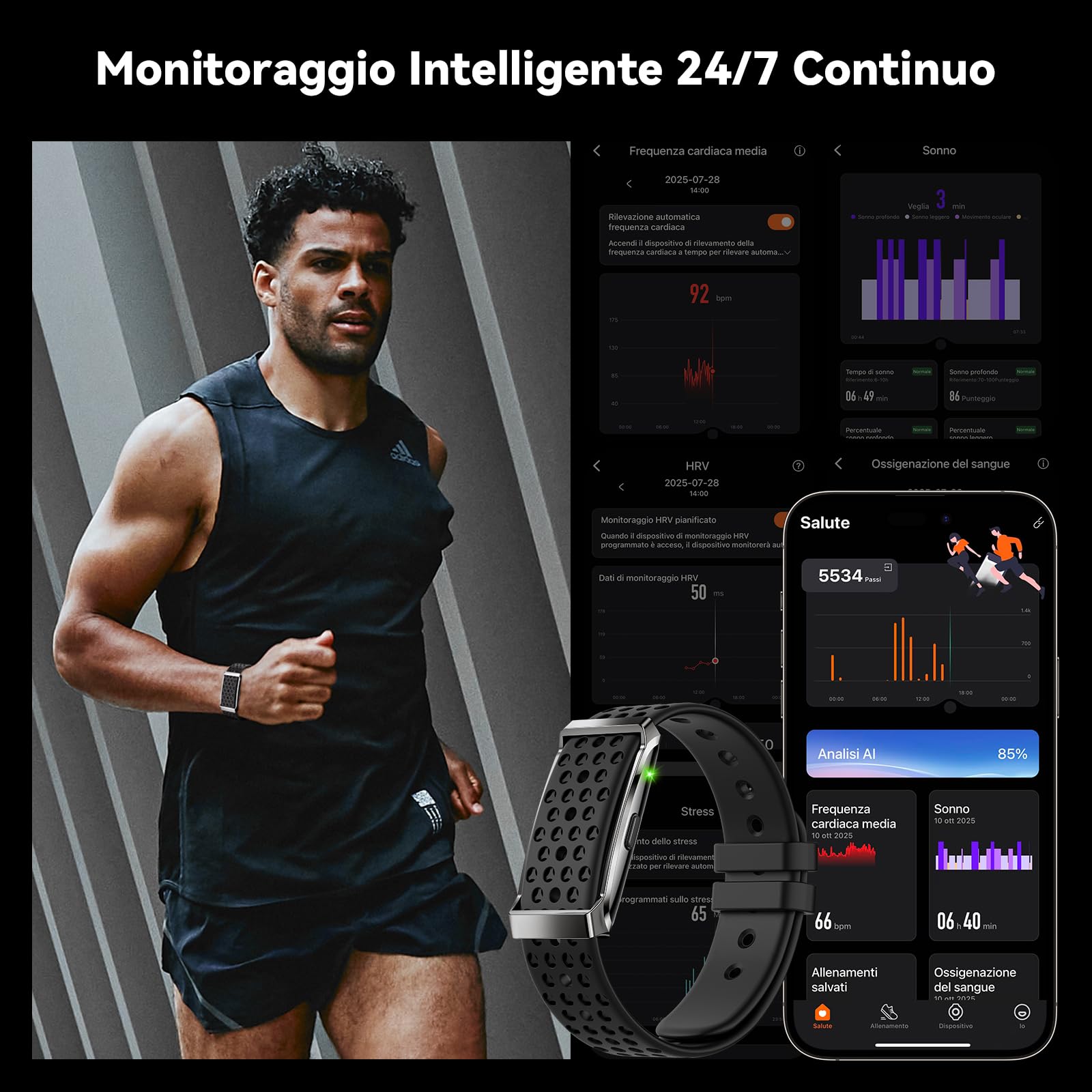 Smart Band Fitness Tracker senza Schermo con AI Analisi, Smartwatch con Frequenza Cardiaca & Sonno 24/7, Batteria da 35 Giorni, 170+ Modalità Sport, Non Abbonamento Richiesto per IOS Android
