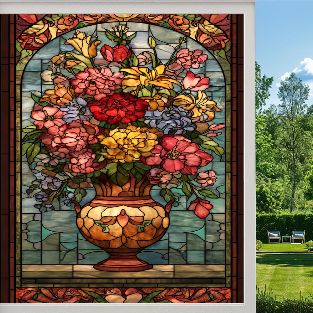 Pmlbaous Elegant Flower Vase Stained Glass Window Film, Colorful Vintage Bouquet Peel And Stick Privacy Film, Frosted Adhesive Vinyl Decorative For Bathroom Windows Glass Doors, （45X60cm）