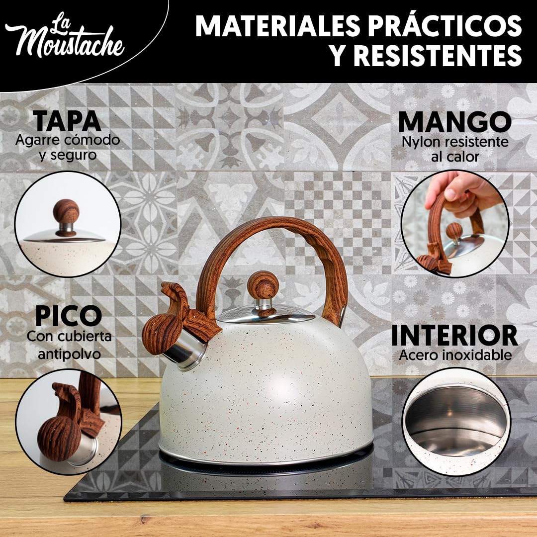 La Moustache - Hervidor de Agua Silbante【2,5L】de Acero Inoxidable para 10 Tazas | sin BPA, Ø23 cm Apto para Inducción, Gas y Vitrocerámica con Asa Ergonómica Antiquemaduras, Diseño Vintage (Beige)