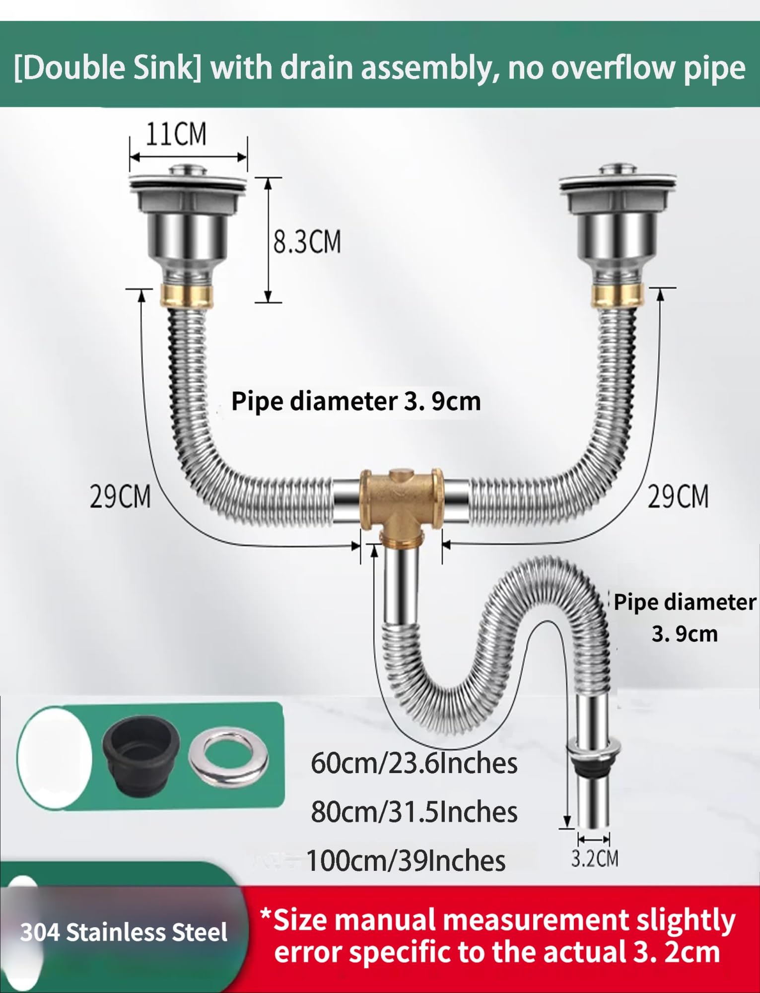 Tubo di scarico per lavello da cucina in acciaio inox, tubo flessibile a sifone, connettore per fognatura a prova di odore per drenaggio dei rifiuti senza soluzione di continuità
