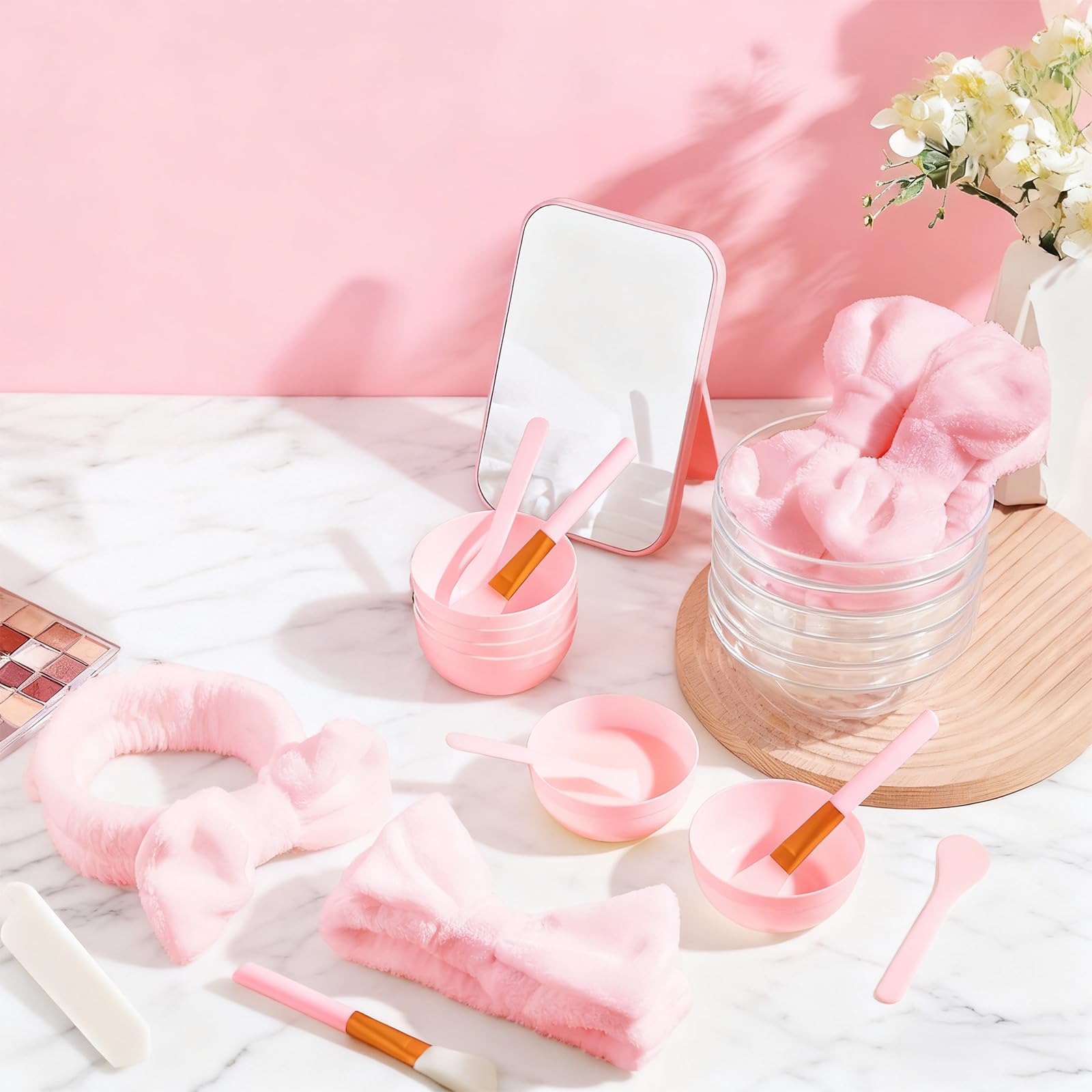 Set da 42 pezzi Spa Party Set per ragazze, spa con ciotole miste, specchietti per trucco, fasce per lavare, ciotole, pennelli per maschera, bacchette, accessori per feste (rosa)