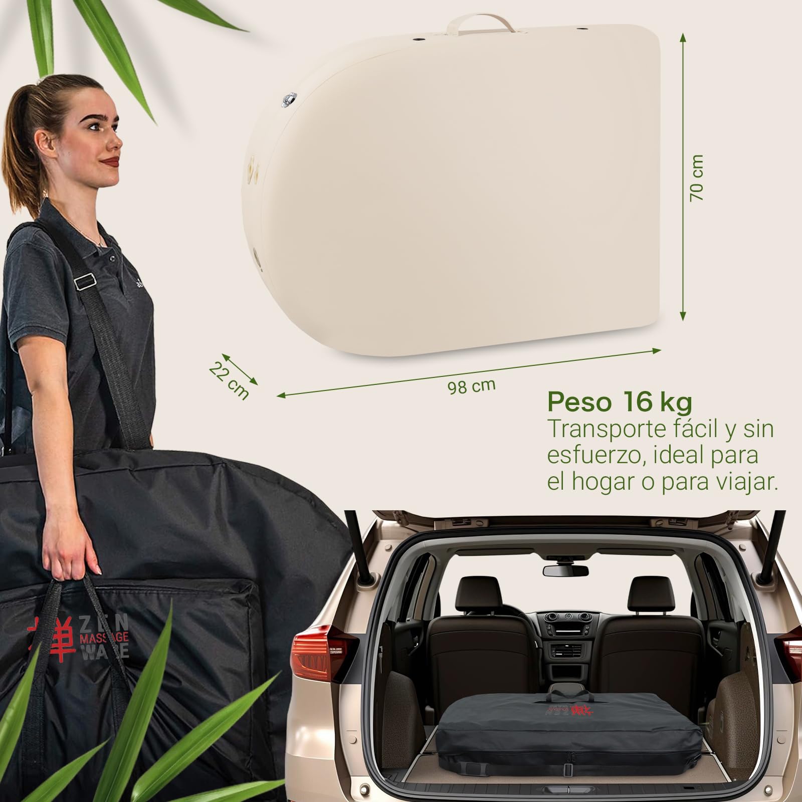 Zen – Camilla Masaje Plegable Ovalada de Altura Regulable - Camilla estetica de Madera Maciza con Esquinas Redondeadas - Camilla Plegable con reposacabezas, reposabrazos y Bolsa Crema