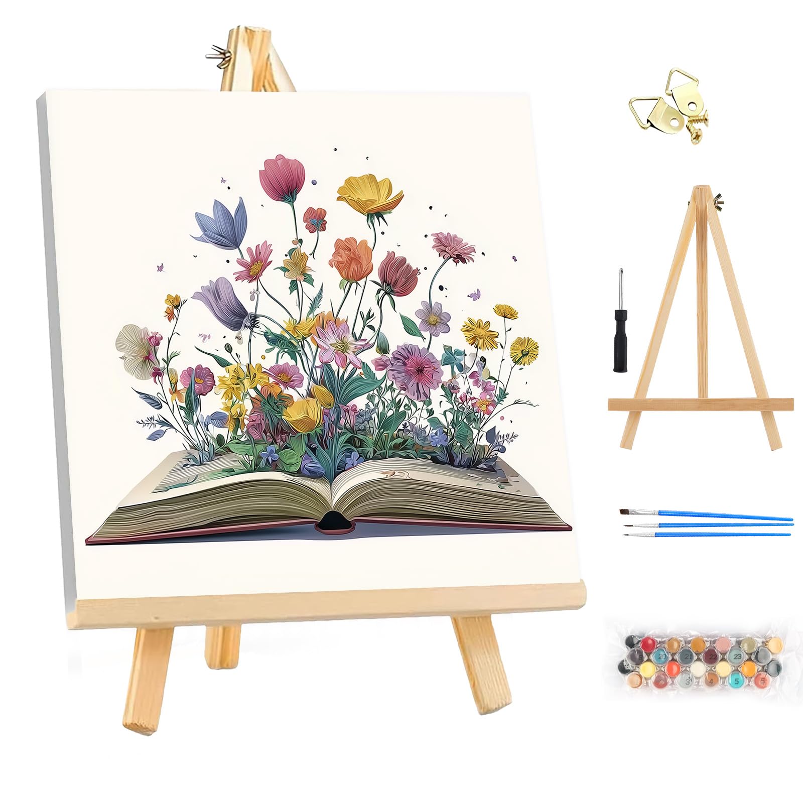 MEIYUDA DIY Paint by Numbers for Adults with Frame & Wooden Easel, Flowers Book Paint by Numbers Kits, Arts and Crafts for Beginner, Drawing Paintwork Wall Art 25x25cm