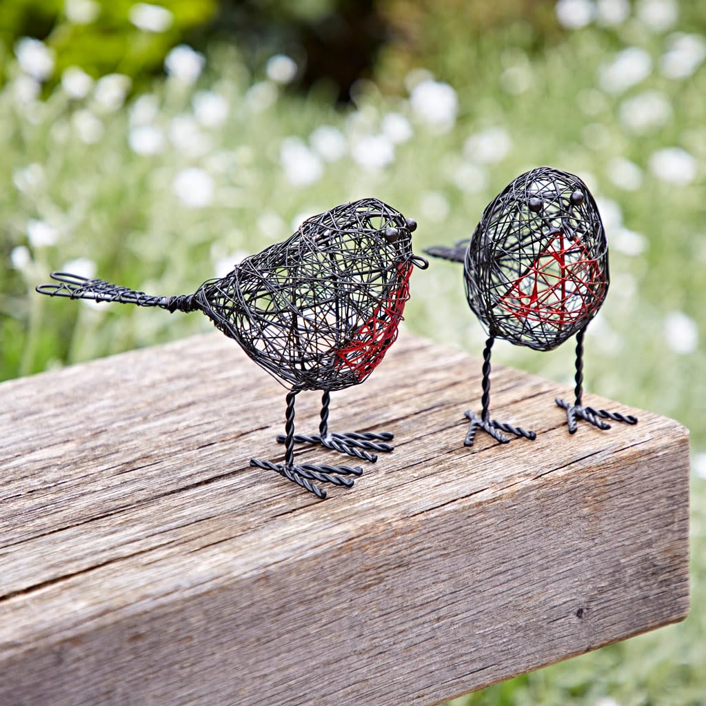 Paper High Set of Two Wire Robin Decorative Ornament - Outdoor or Indoor Decoration - Metal Sculpture - For The Garden - Red Breasted Robins