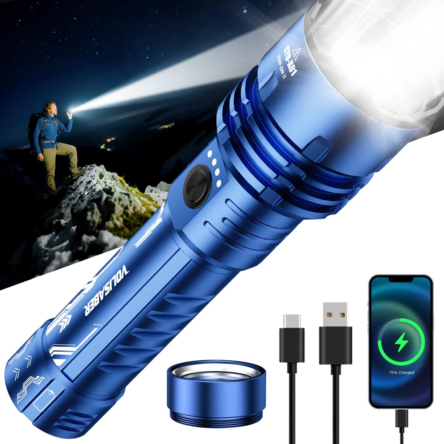 Flashlight 2000 High Lumens, Rechargeable Zoomable LED Tactical Flashlight with Ignition Lens, Emergency Flashlight for Camping Home Security, 5 Modes Waterproof Handheld Flashlights (Blue)