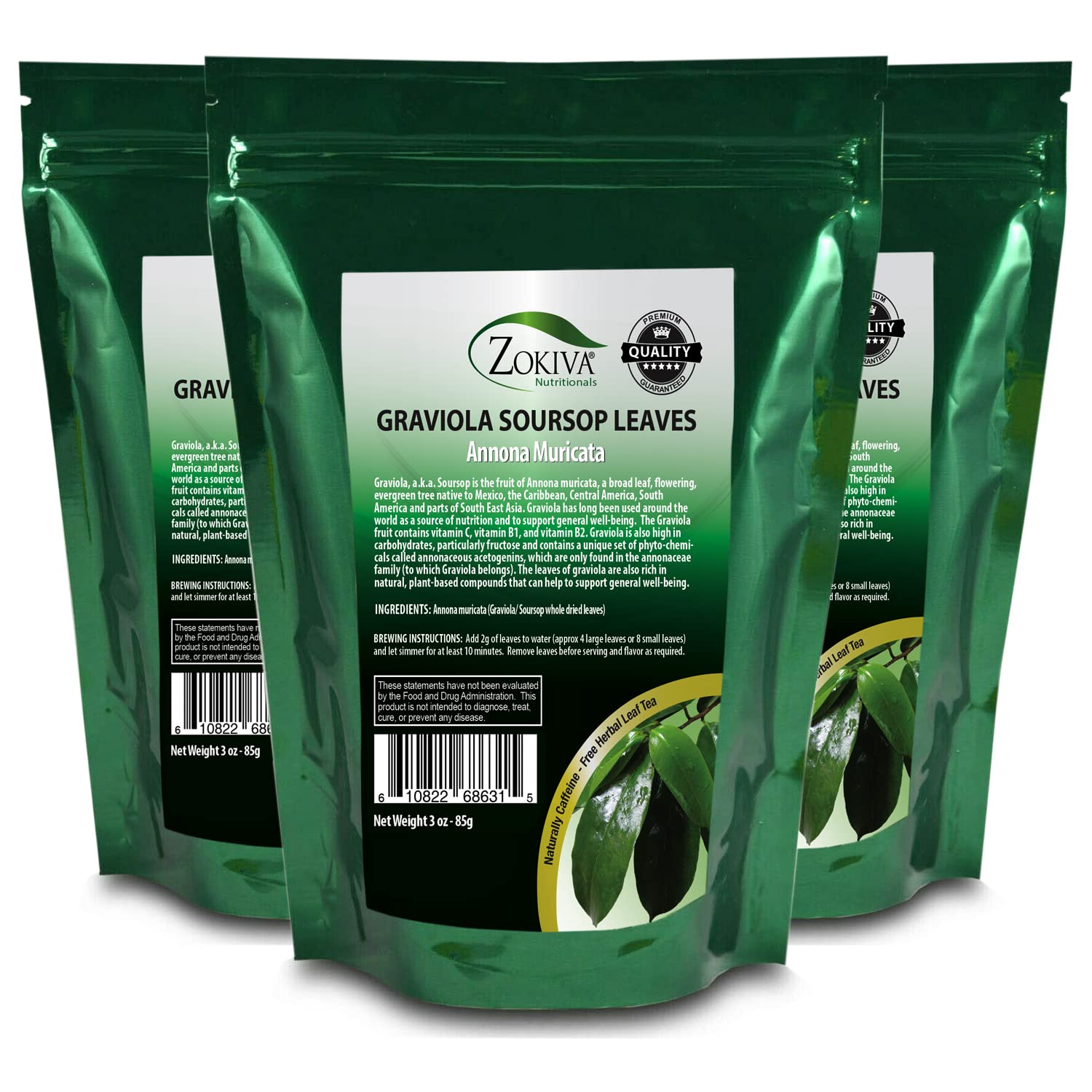 Soursop Leaves Hojas De Guanabana 1 oz x 3 Pack of Graviola Leaves for Tea - A Natural Caffeine - Free Bioavailable Superfood Rich in Powerful Antioxidants - in Zip Pouch