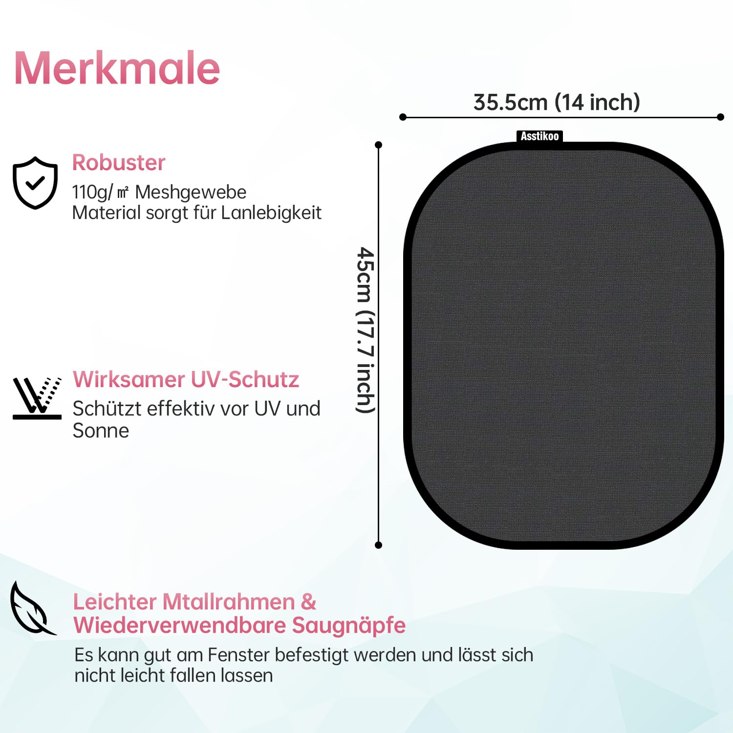 Asstikoo Tendine Parasole Auto Bambini Protezione UV UPF50+,45 x 35,5cm Parasole Auto Bambini GSM110+ Nylon, Tendina Parasole Auto per Finestrini Laterali Protezione Solare Raggi UV -2 Pz