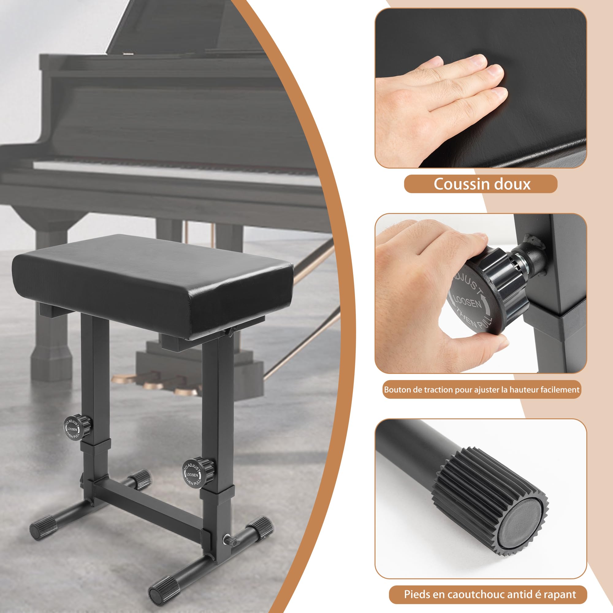 OUUTMEE Tabouret de Clavier, Banc de Clavier Réglable en Hauteur, Siège de Piano Numérique Antidérapant pour Claviers, Synthétiseurs et Pianos Numériques (Noir)