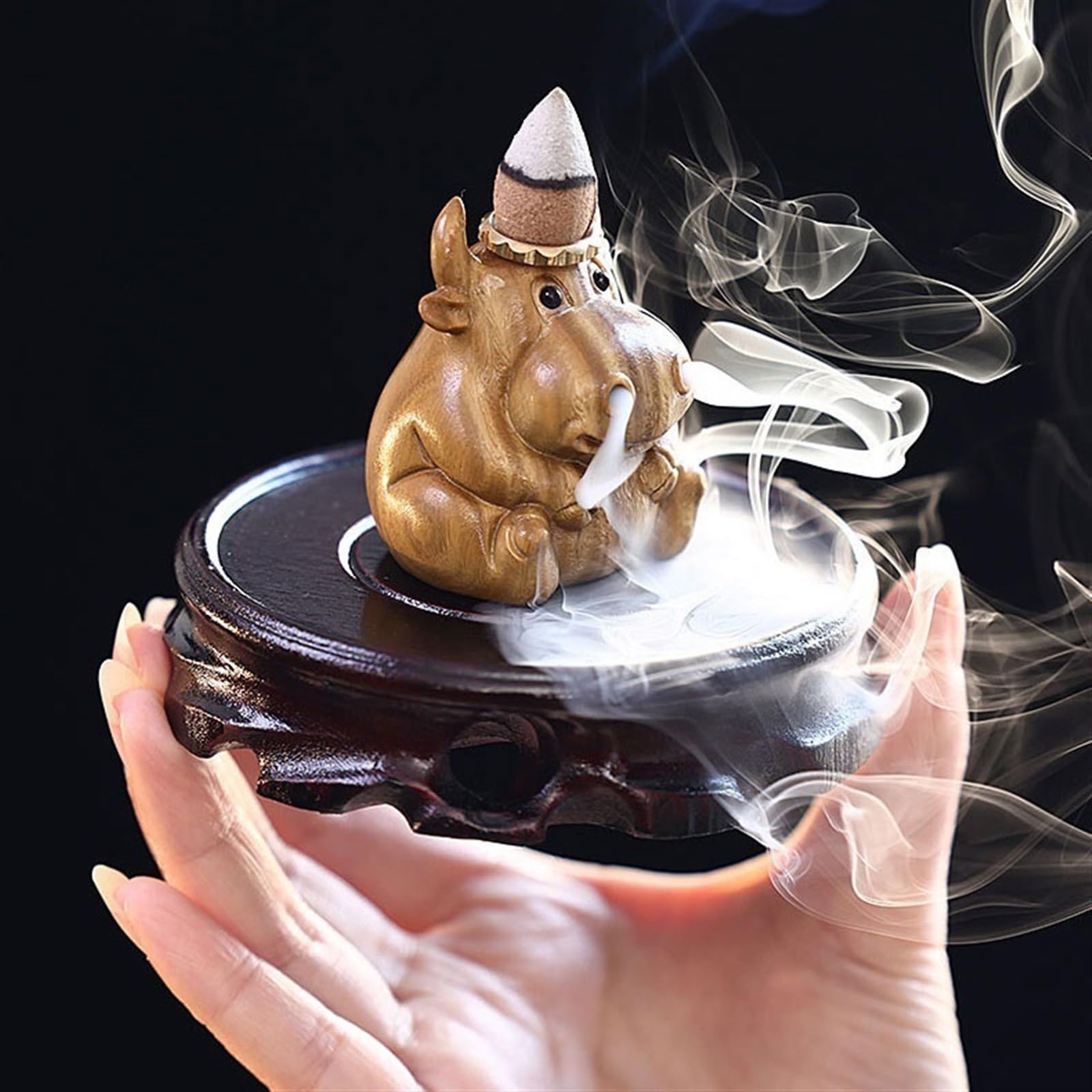 Quemador de incienso de reflujo, forma de animal, diseño decorativo de madera y metal para meditación y relajación