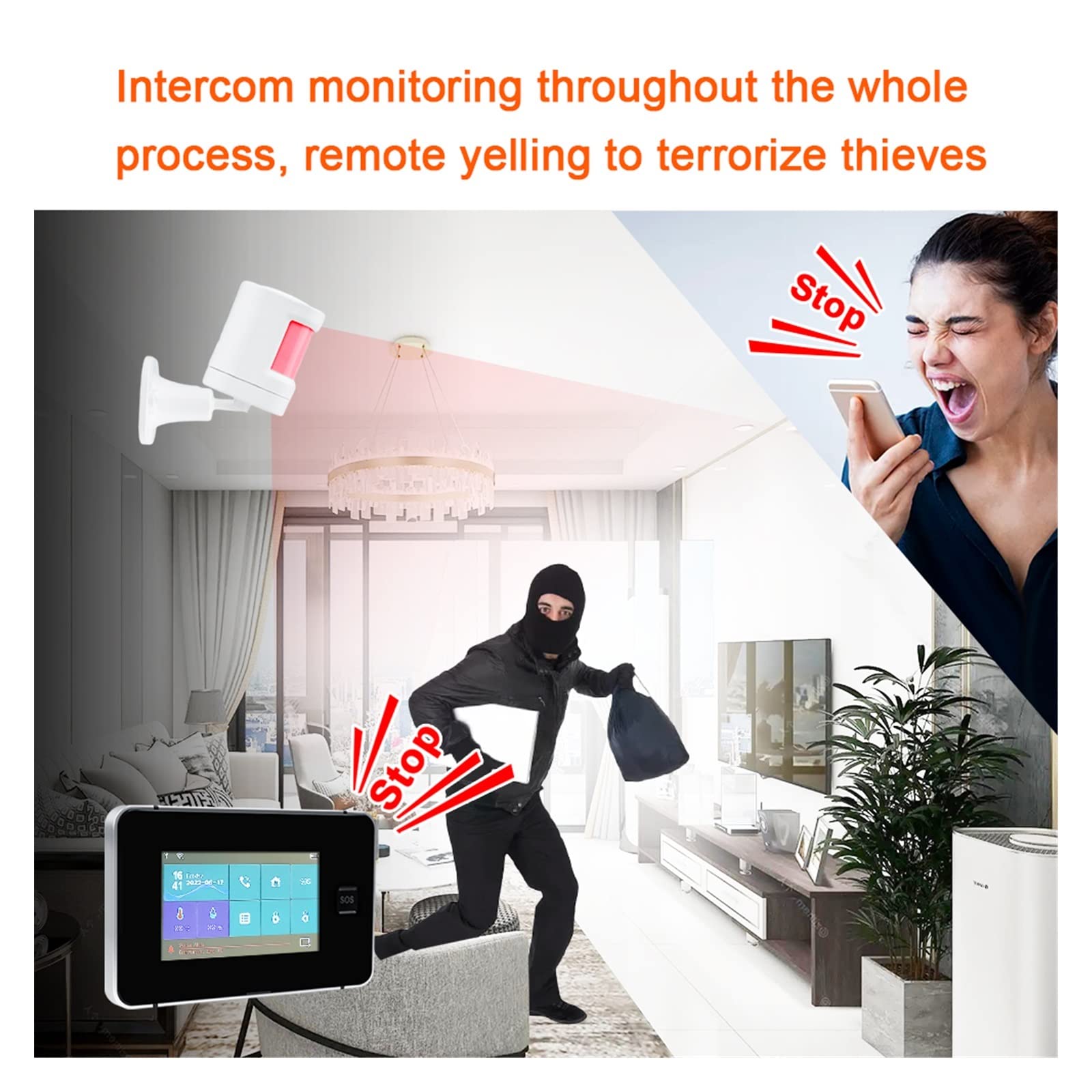 Kit Alarma Casa, Wifi GSM Sistema de alarma inalámbrica de Tuya for Smart Life Home Security Security House Detector de incendios Sensor de movimiento de puertas(Set H)