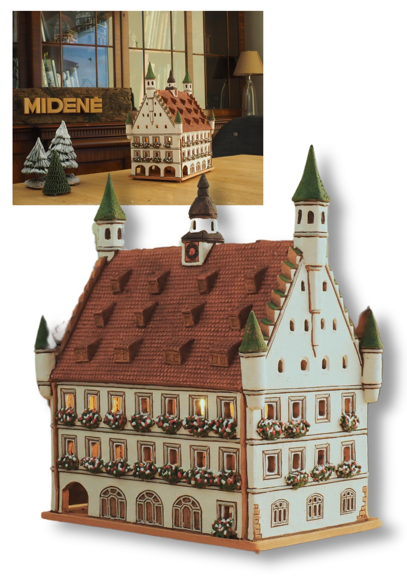 Midene Ceramic Art Tealight Candle Holder Room Decoration Handcrafted Collectible Miniature Light House Town Hall in Biberach, Germany D259N*