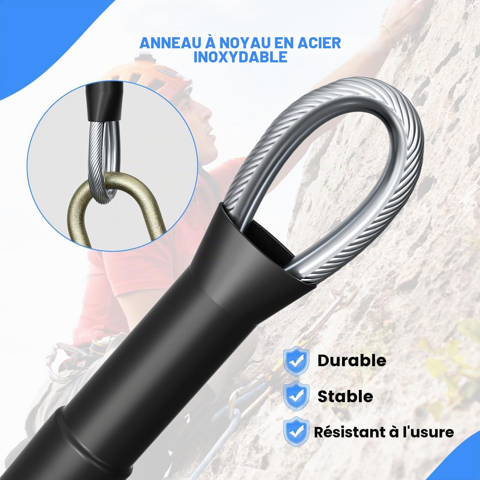 Flip Line Kits avec noyau de câble en acier, lanière en acier avec mousqueton à triple fermeture, cordon d'escalade réglable, pour arbres, arboriculteurs, anti-chute