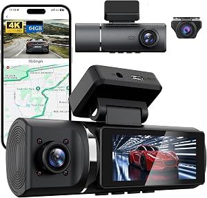 3 Channel Dash Cam,4K+1080P+1080P Front and Rear Inside, D3 Dash Camera for Cars, Free 64GB SD Card,Super Night Vision,Voice Control,WDR,Built-in WiFi&GPS,G-Sensor,Black