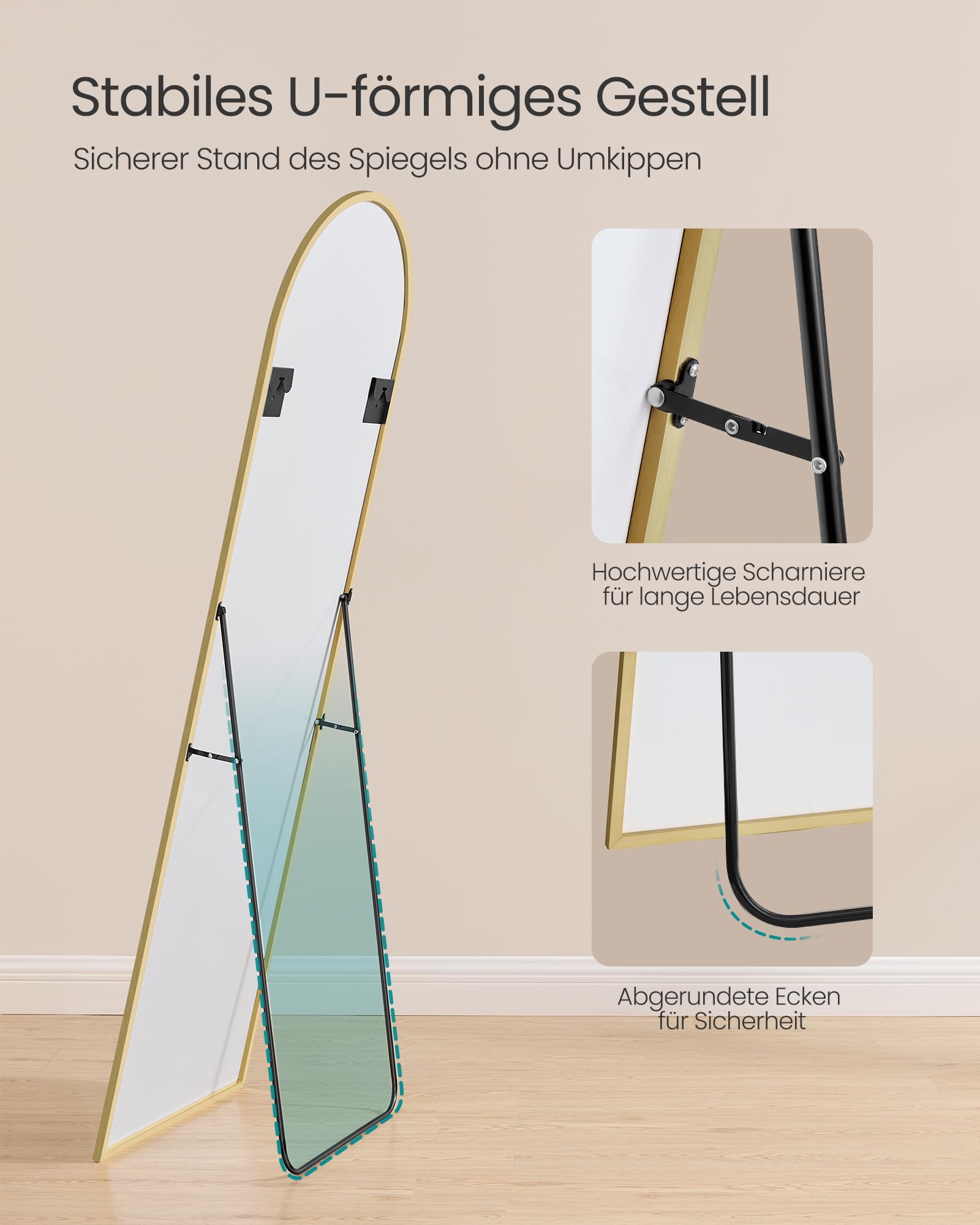 SONGMICS Ganzkörperspiegel, 160 x 50 cm, gewölbter Standspiegel, Rahmen aus Aluminiumlegierung, Hartglas, für Schlafzimmer, Wohnzimmer, Garderobe, blassgold LFM031A01