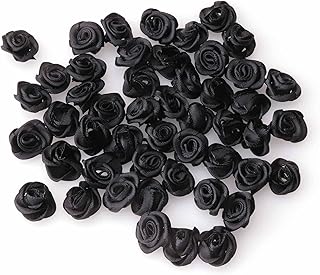 50 pcs Satin Ribbon Roses Mini Flowers Boutique Applique Sewing Embellishment Supplies for DIY Craft Project Scrapbooking Wedding Theme Parties Home Decoration (Black)