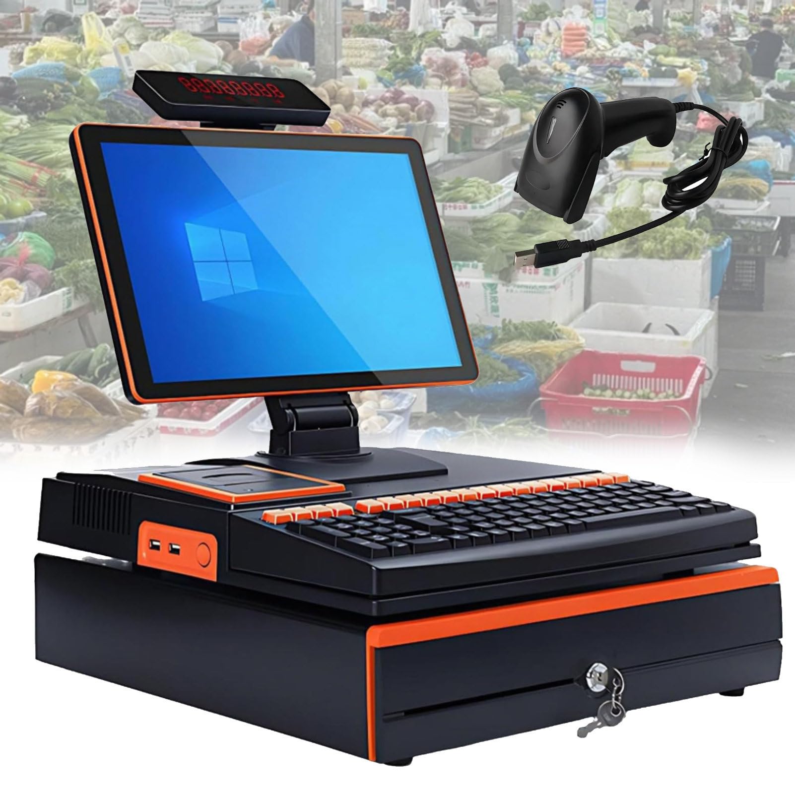 Pvxa Orange All-In-One Pos Cash Register System, All-In-One Cash Register With 15.6" Touch Screen Monitor, Led Touch Screen, 101 Keys Keyboard, Handheld Scanner Singlescreen