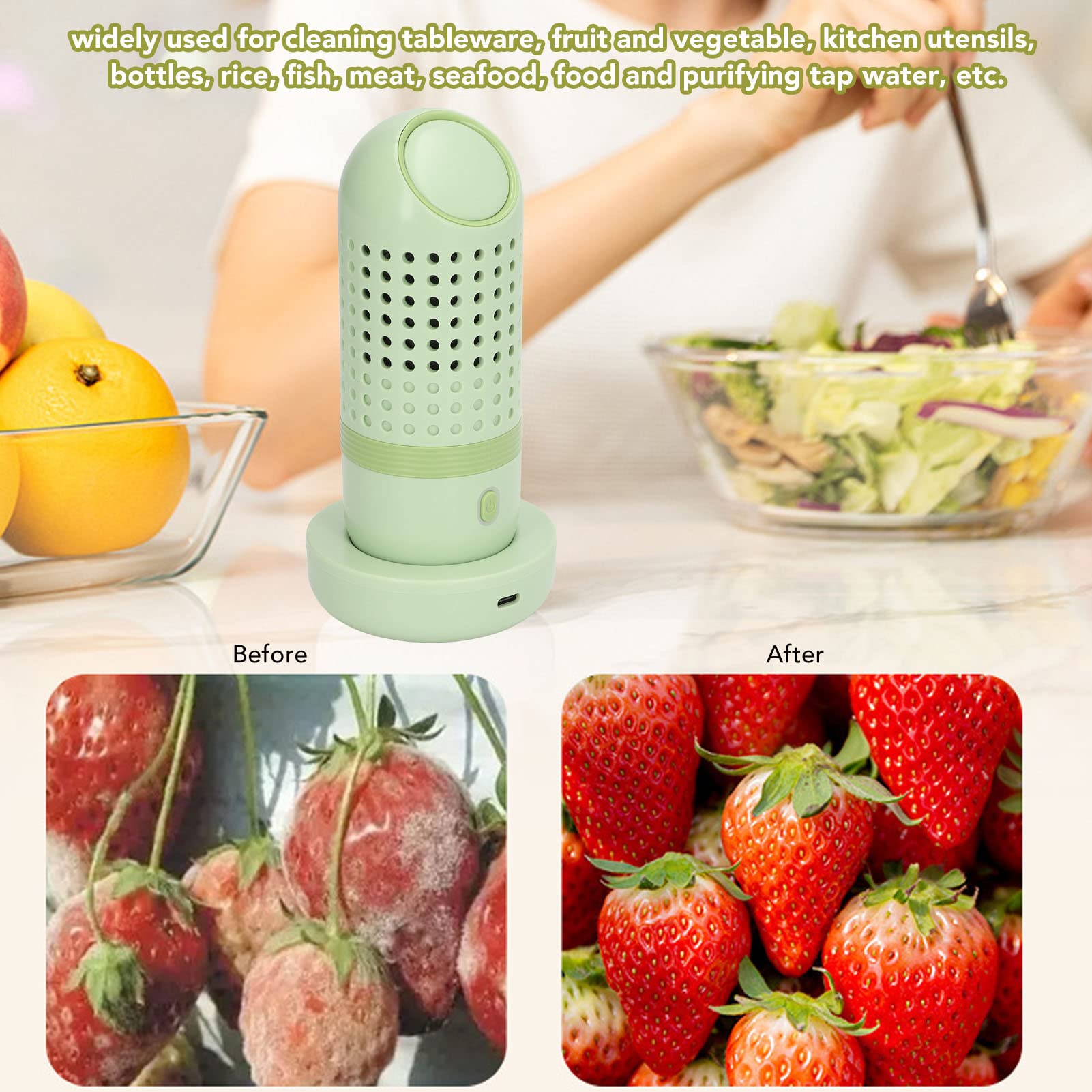 Obst-Gemüse-Waschmaschine, Wiederaufladbarer USB-Lebensmittelreiniger, Tragbarer Reiniger für Reis, Fleisch, Meeresfrüchte, Küche, IPX7 Wasserdicht, Hau für Shaltsreinigung (GREEN)