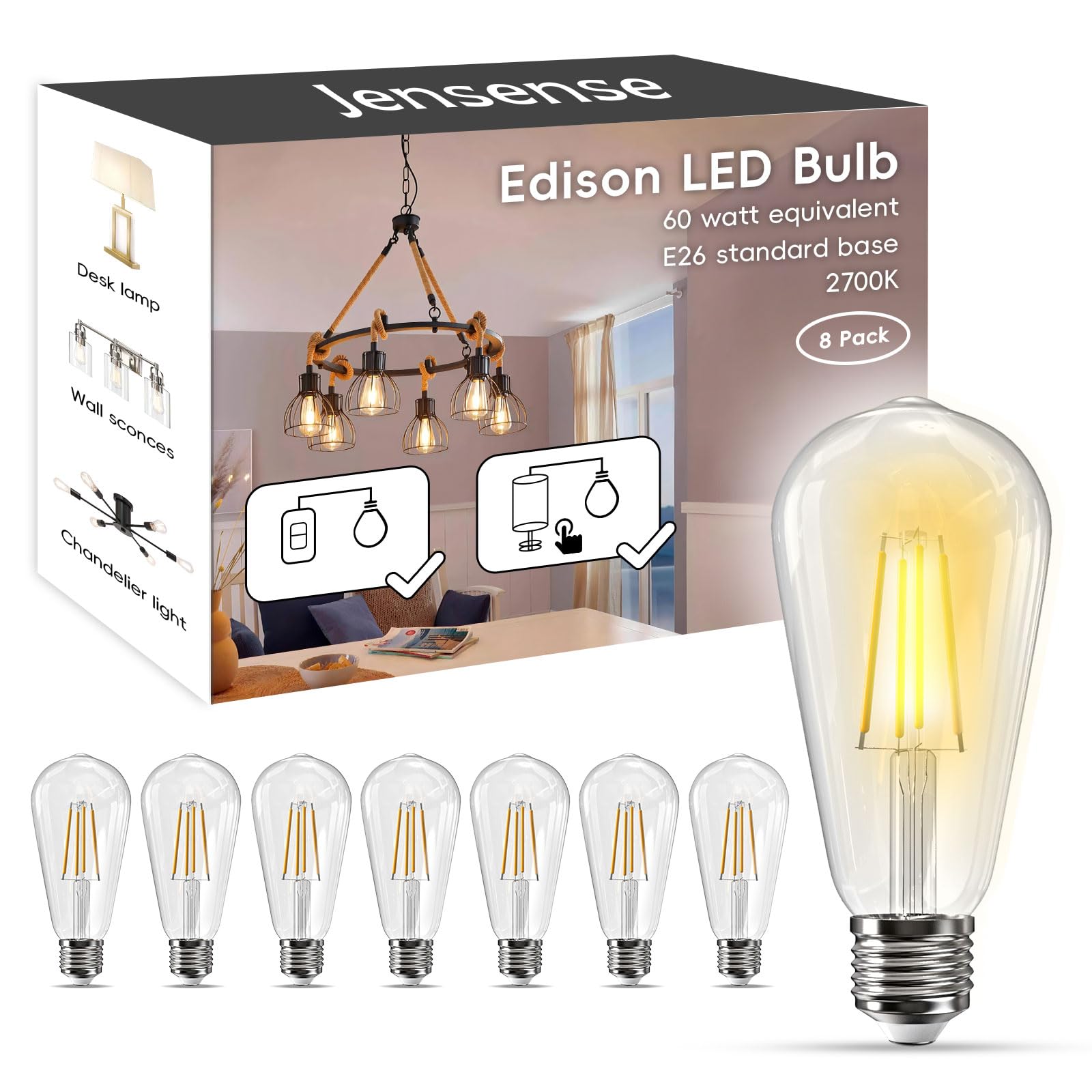 Jensense Edison Bulbs E26 LED Bulb 60 Watt Equivalent, Vintage LED Light Bulbs CRI90+ ST19, Dimmable Clear Light Bulbs (2700k Warm White, 7watt-8 Pack)