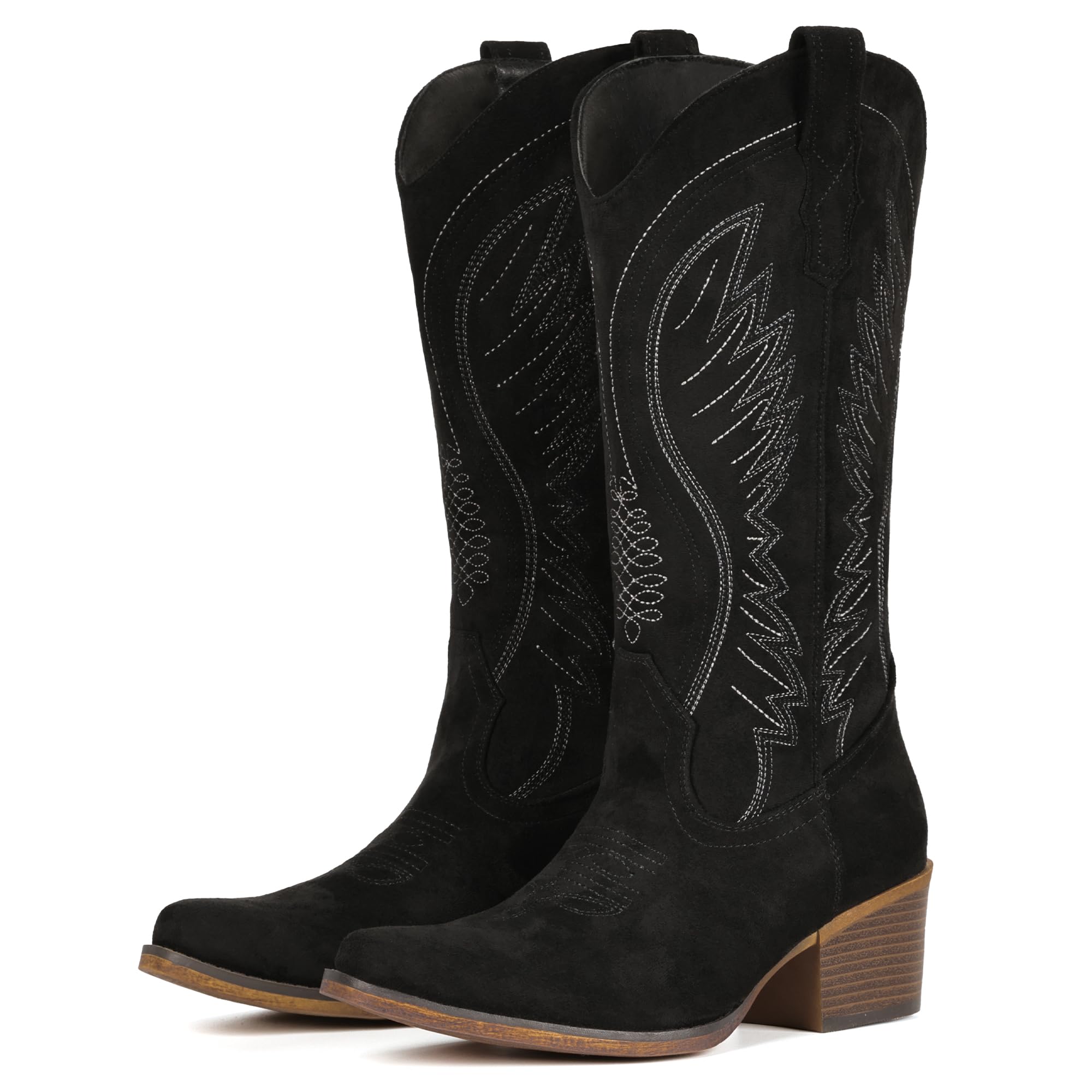 Suede Cowboy Boots for Women Mid-Calf Embroidery Cowgirl Boots Retro Snip Toe Western Boot with Chunky Heel Black