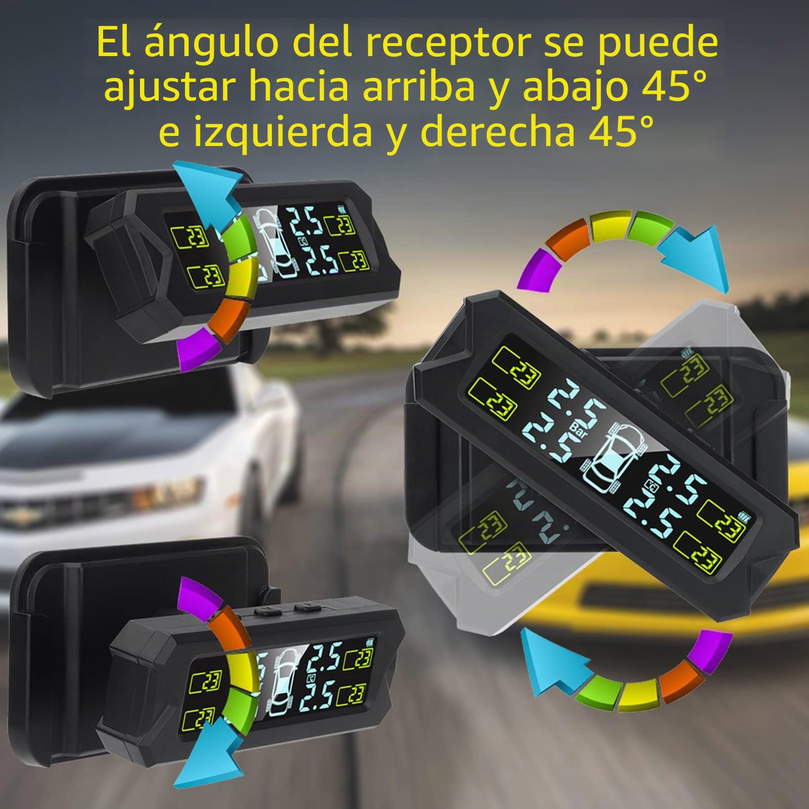 Shkalacar USB/Solar TPMS 0-81 PSI Sistema de Control de Presión de Neumáticos con 4 Sensores, 5 Modos de Alarma, Pantalla LCD con Retroiluminación Automática para Coche Sedán SUV MPV (Interno)