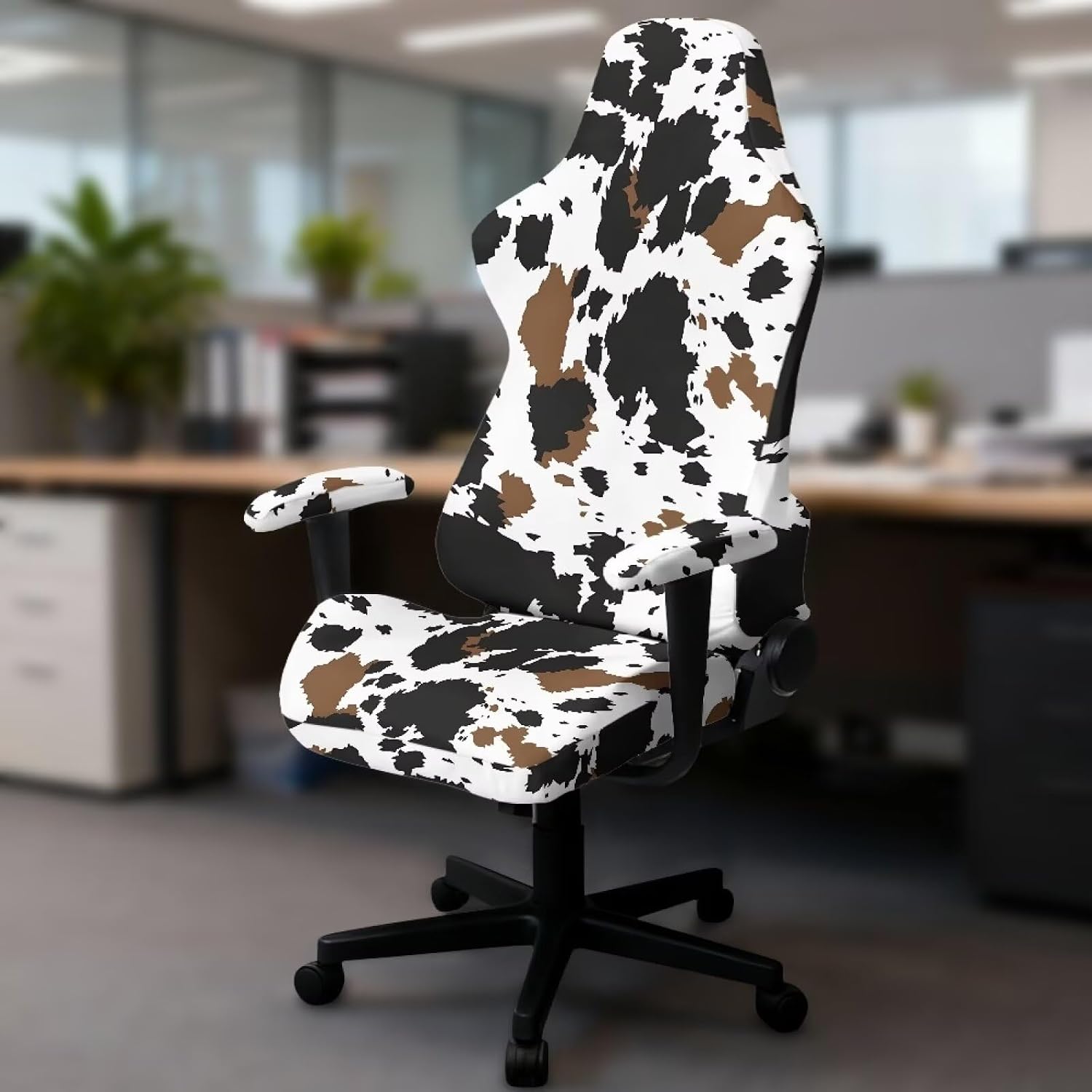 Cow Print Gaming Chair Cover with Armrest Cover Durable Office Chair Covers Slipcovers Universal Computer Game Seat Protector for Game Chairs Decor,Easy to Clean