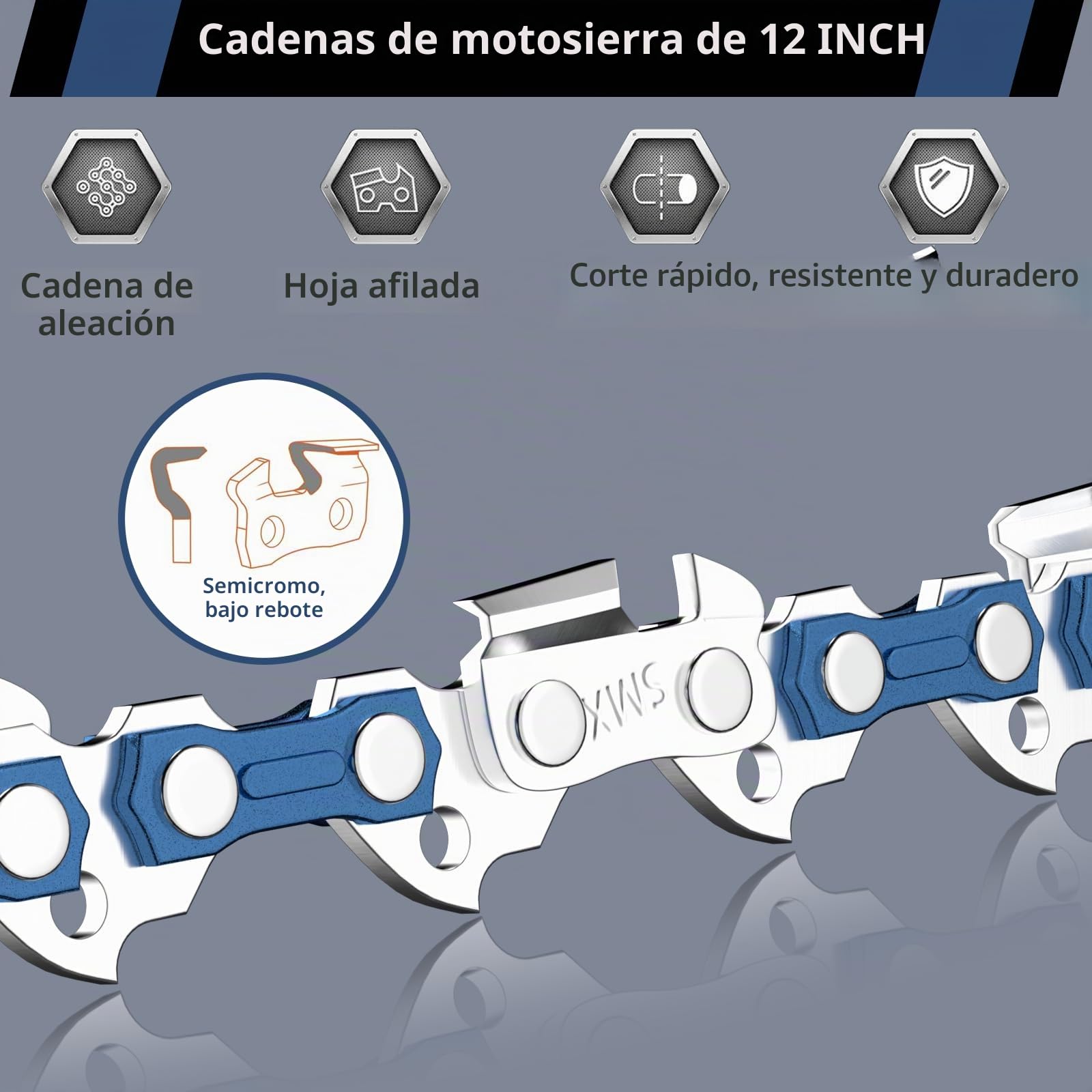 3 Cadena de Motosierra 12 Pulgadas (30cm) con Caja de Plástico, Motosierra Sierra Cadena 3/8" LP, 44 Eslabones, 1.3mm (0.050"), Cadena Motosierra de Repuesto para Espadas de 30cm