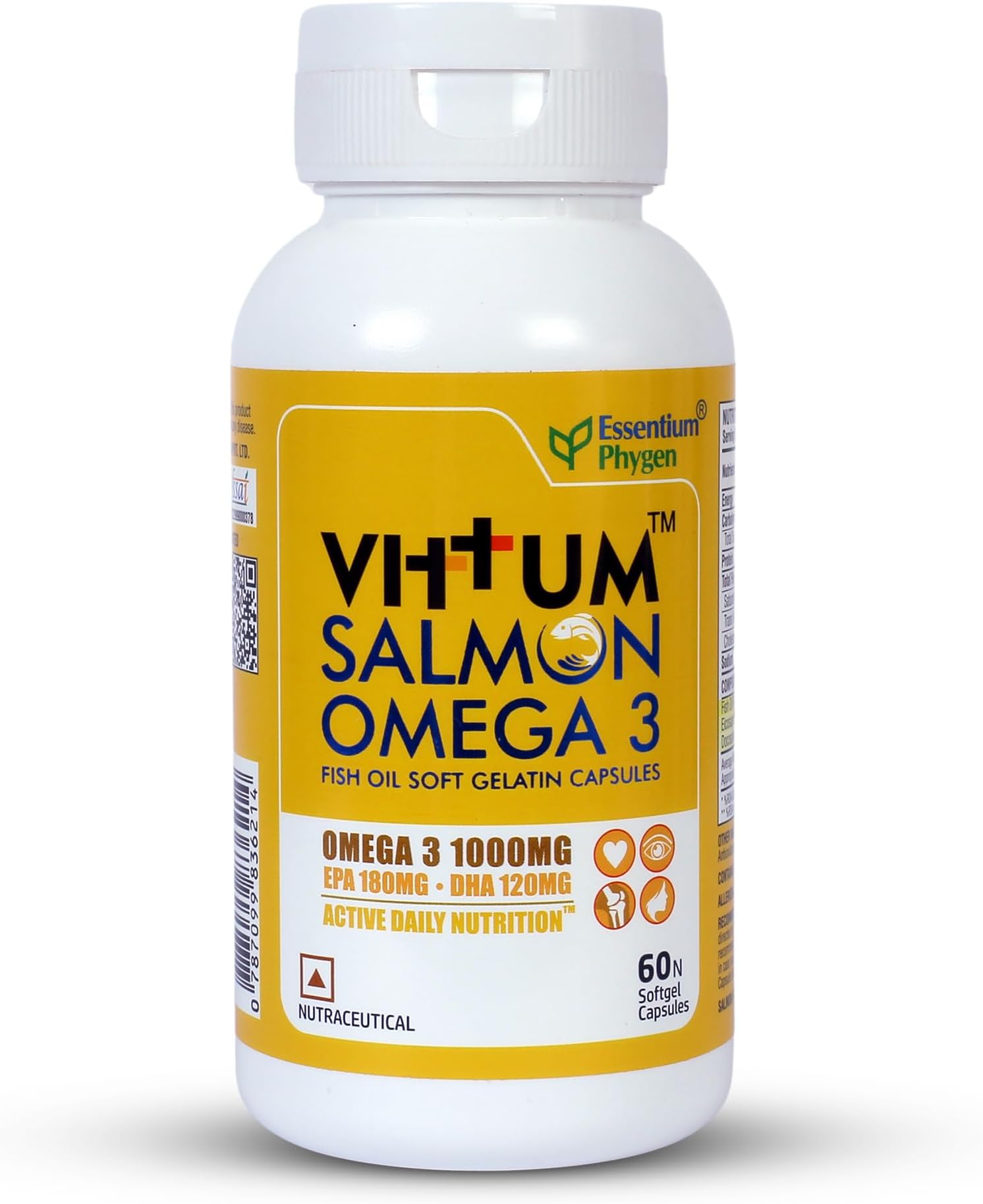 Vittum Omega-3 Salmon Fish Oil 1000mg, 60 Softgel Capsules, No Smell, EPA & DHA Supplement for Heart, Brain, and Eye Health