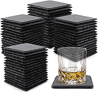 VIBRATITE 60 Pack 4 Inch Square Black Slate Stone Coasters - Bulk Laser Engraving Blanks with Anti-Scratch Feet for Drinks, Bar, Kitchen Decor